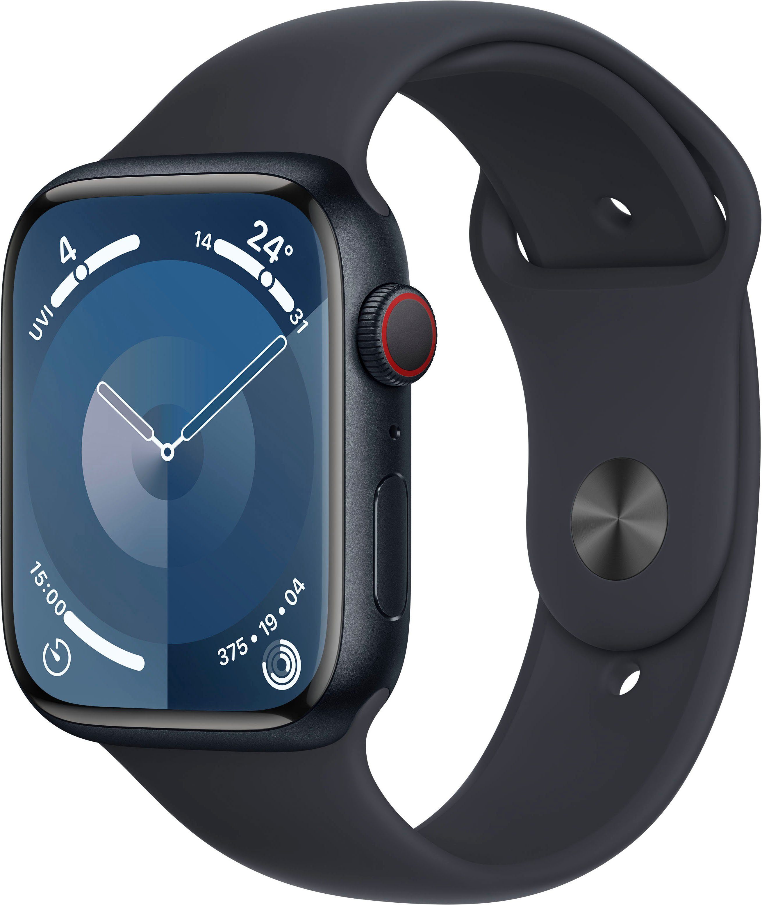 Apple Watch Series 9 GPS + Cellular 45mm Aluminium Smartwatch (4,5 cm/1,77 Zoll, Watch OS 10), Sport Band Mitternacht | Mitternacht | Apple Watch