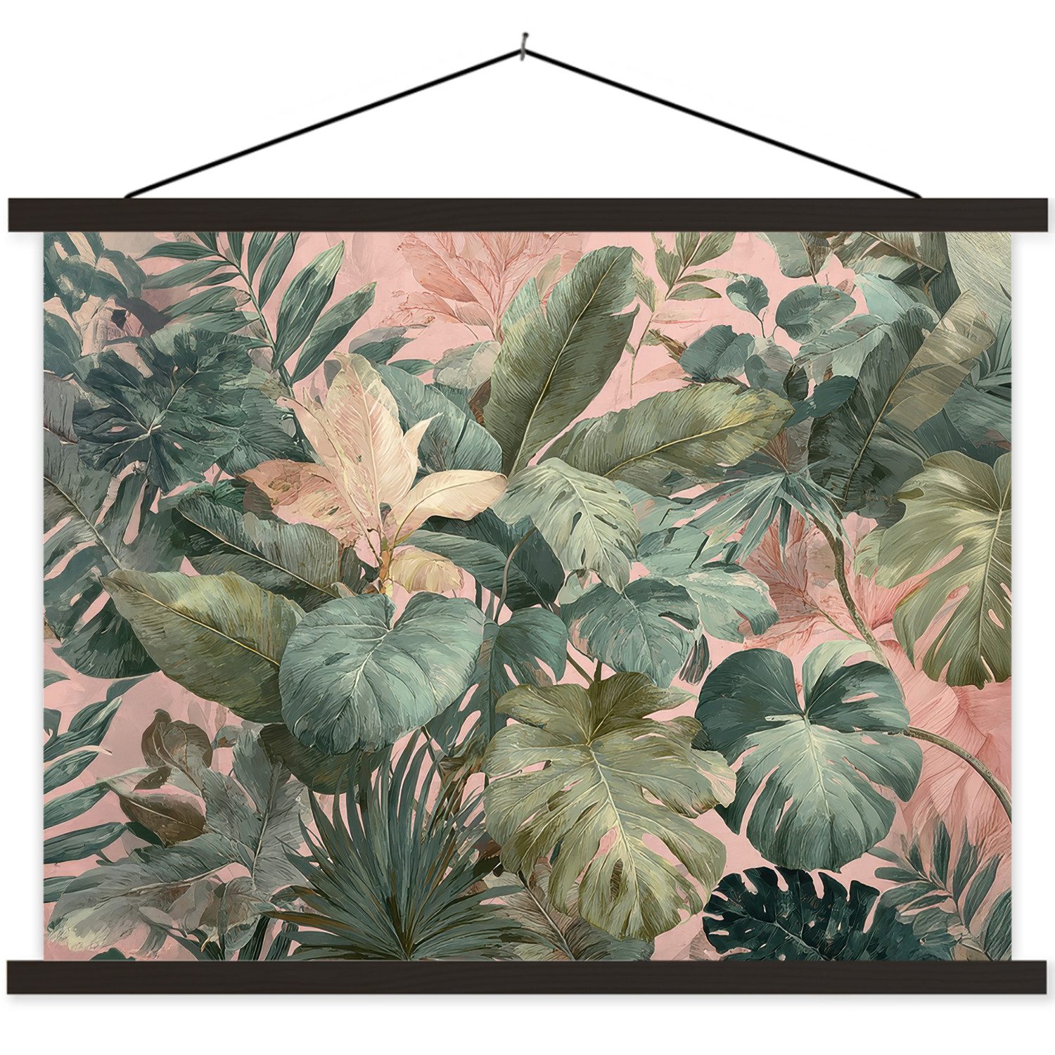 MuchoWow Poster Zusammensetzung der Blätter - Grün - Rosa, (1 St), Magnetische Posterleiste, Holzleisten, Textilposter, 40x30 cm