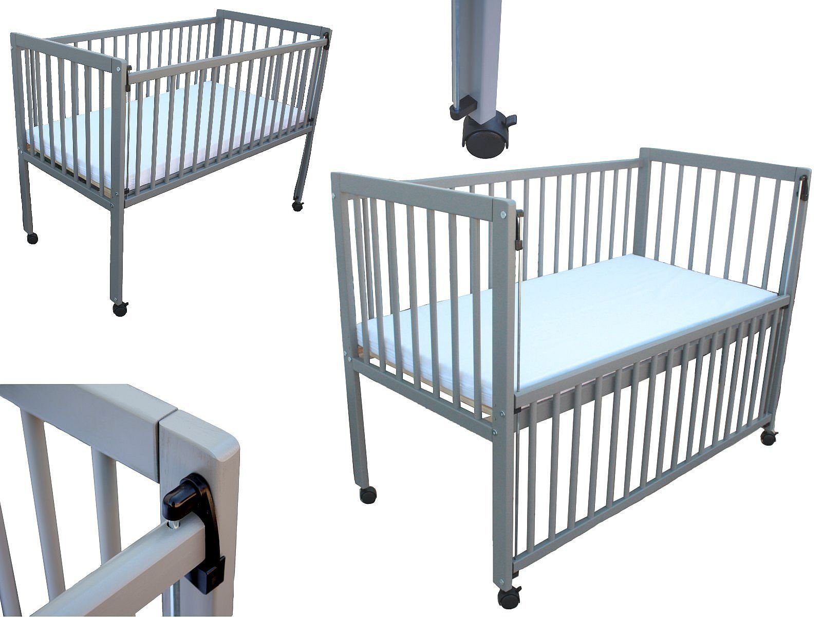 Beistellbett Kinderbett / Beistellbett / Babybett 2in1 120x60cm mit Matratze grau