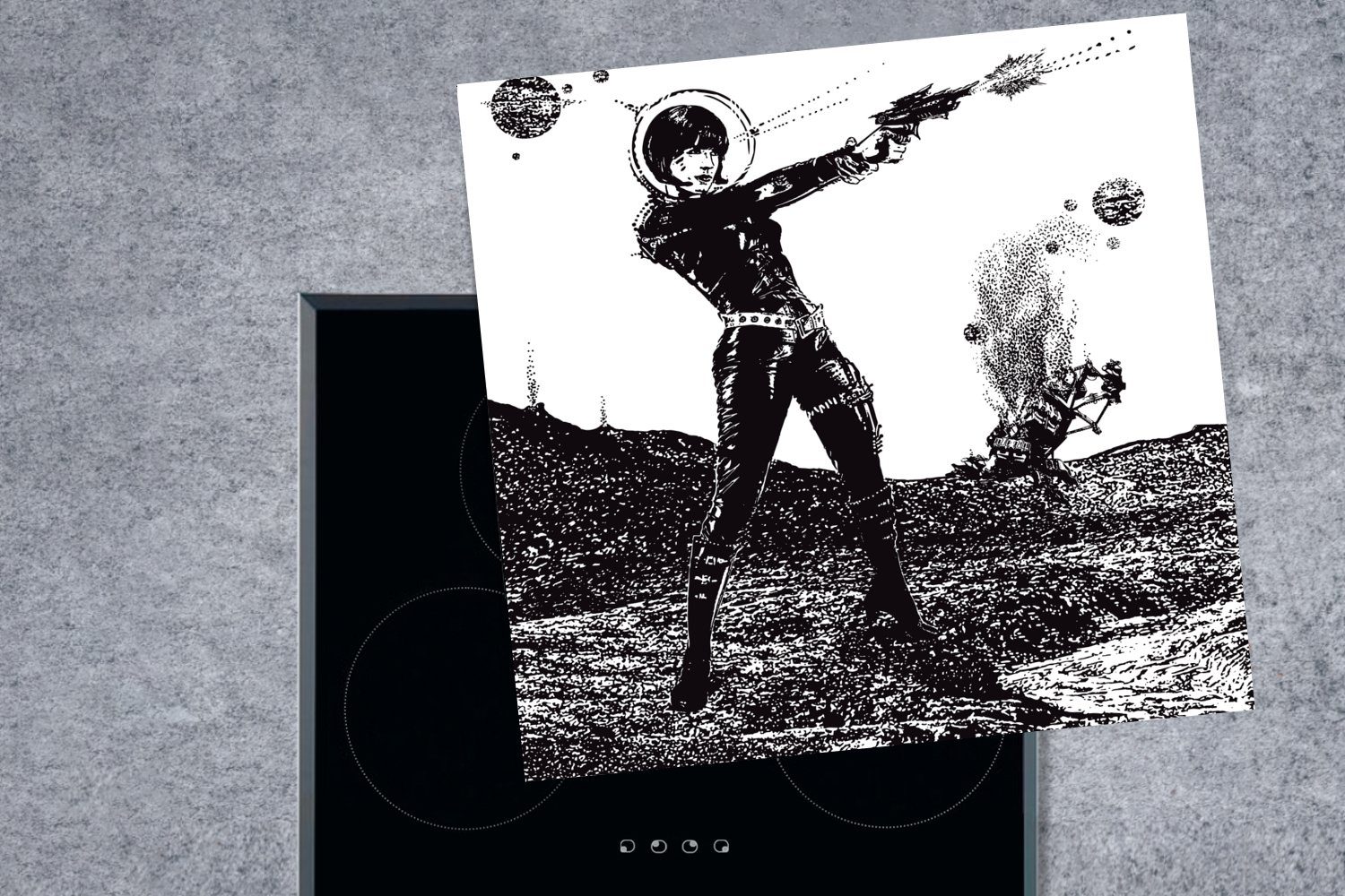 cm, 78x78 Pistole, einer Ceranfeldabdeckung, Science-Fiction-Illustration eines Eine MuchoWow Arbeitsplatte für Astronauten mit tlg), Vinyl, (1 küche Herdblende-/Abdeckplatte