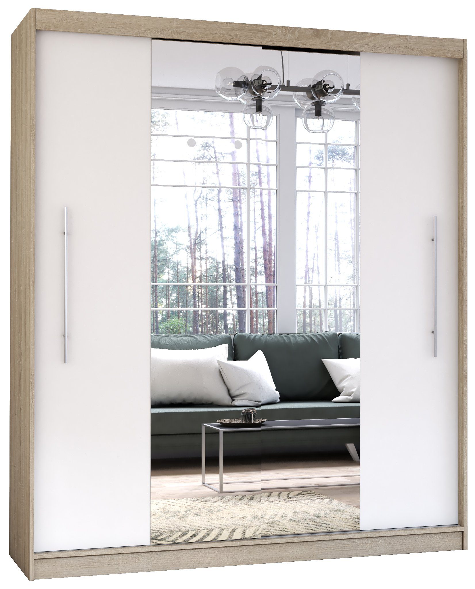 Prime Eiche-Weiß cm Comfort eiche in Spiegel mittig eiche-weiß 204x218x58 Schwebetürenschrank Home Polini |