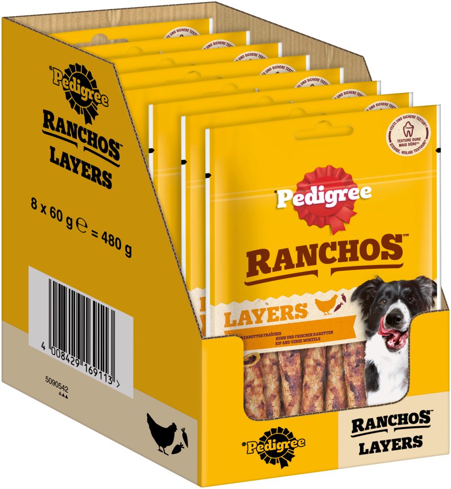 Pedigree PEDIGREE® RANCHOS™ Layers mit Huhn 8 x 60g, Snack für: Hunde