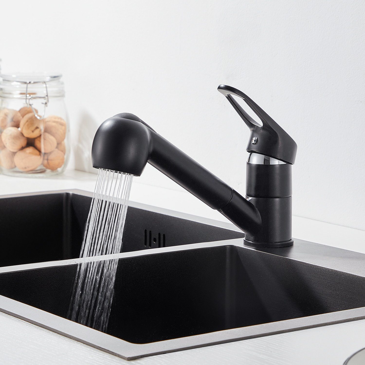 Auralum Küchenarmatur Ausziehbar Wasserhahn mit Brause Einhandmischer Spültischarmatur Schwarz Mischbatterie 360°