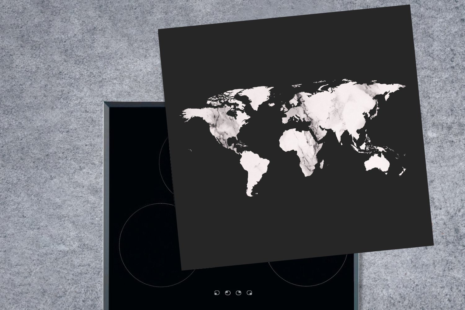 MuchoWow Herdblende-/Abdeckplatte Weltkarte - Schwarz Vinyl, tlg), für Ceranfeldabdeckung, 78x78 küche weiß Marmor, und Arbeitsplatte - (1 cm