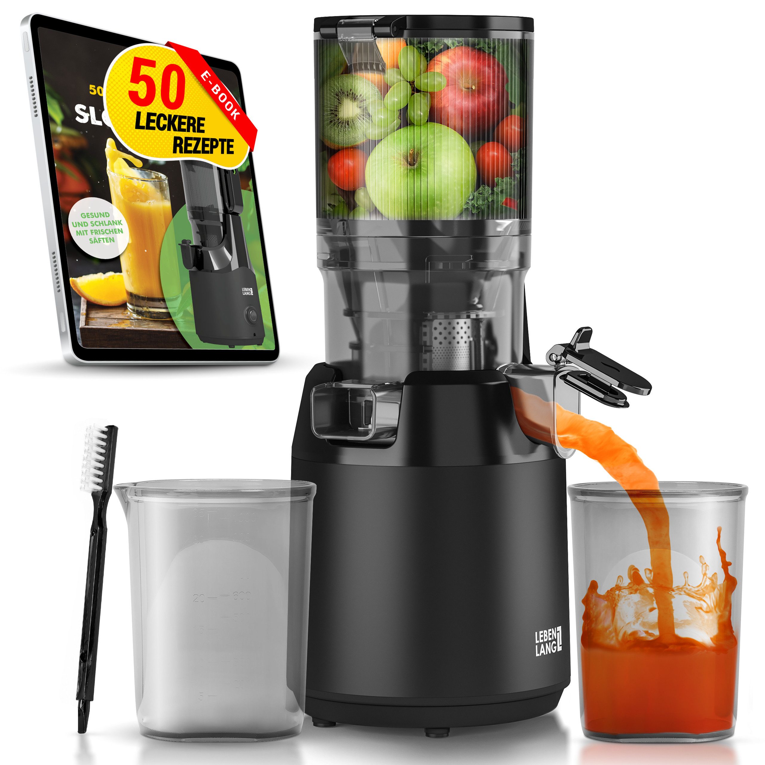 Lebenlang Slow Juicer Entsafter mit großer Öffnung, Für ganze Früchte und Gemüse, Rezepte, 250 W, BPA-Frei, Hohe Saftausbeute, Erhalt der Nährstoffe