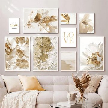TPFLiving Kunstdruck (OHNE RAHMEN) Poster - Leinwand - Wandbild, Blumen, Blätter, Strand und Meer - (Wanddeko Wohnzimmer), Farben: Beige und Gold - Größe: 40x60cm