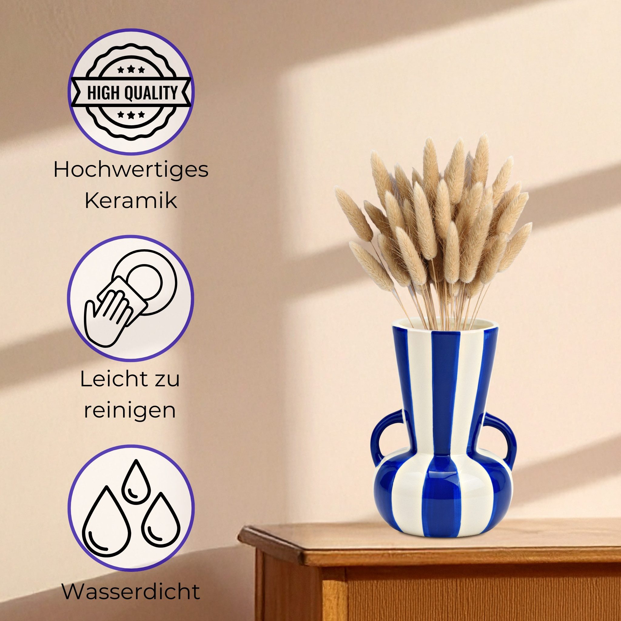 matches21 HOME & HOBBY Dekovase Blumenvase bunt gestreift, blau weiß in Ø 11x16 cm (1 St), Moderne Keramik Vase als Wohnzimmerdeko