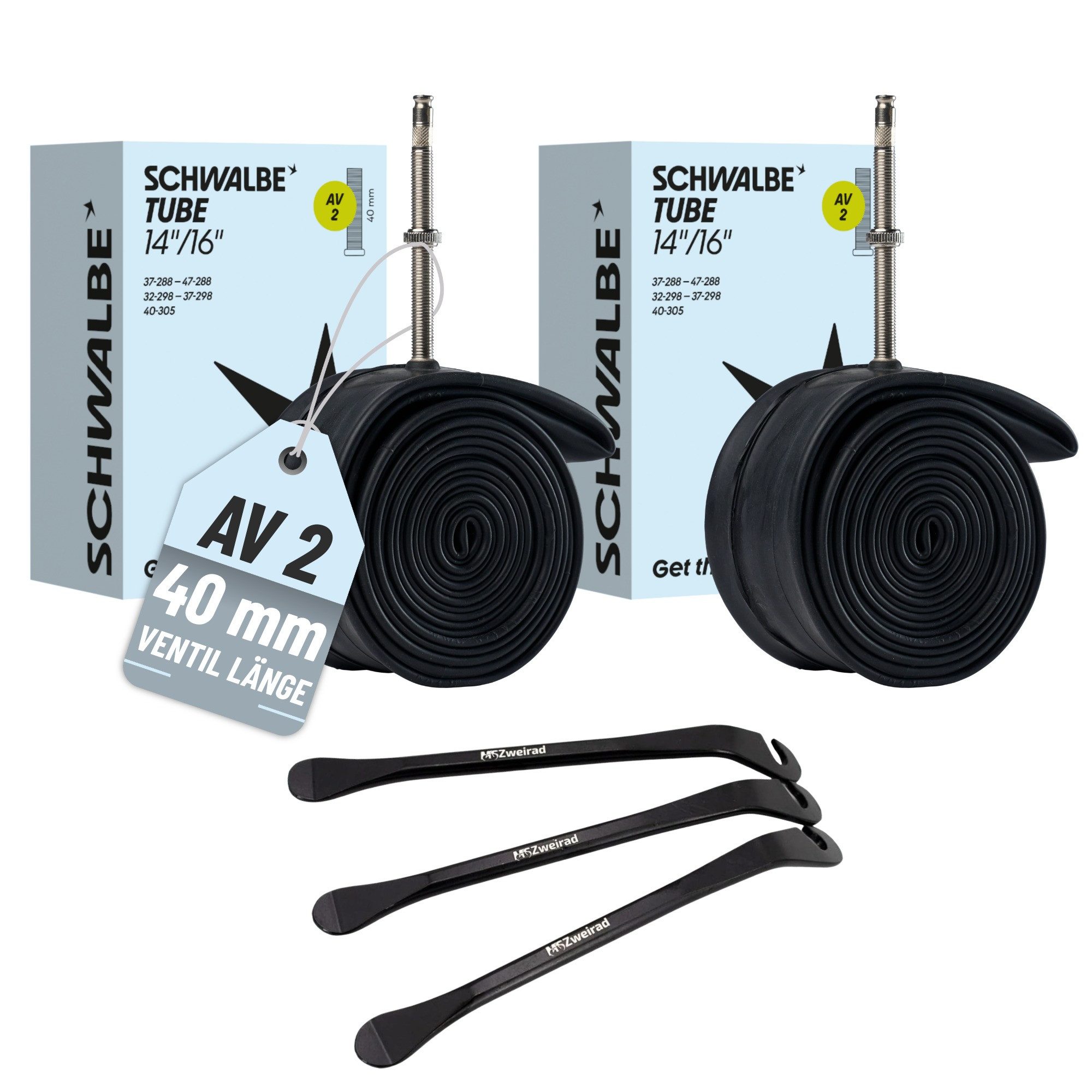 MSZweirad Fahrradschlauch Schwalbe Schlauch AV2 40mm (14"/16) 32/47-288/305 Modell 2026 + Heber