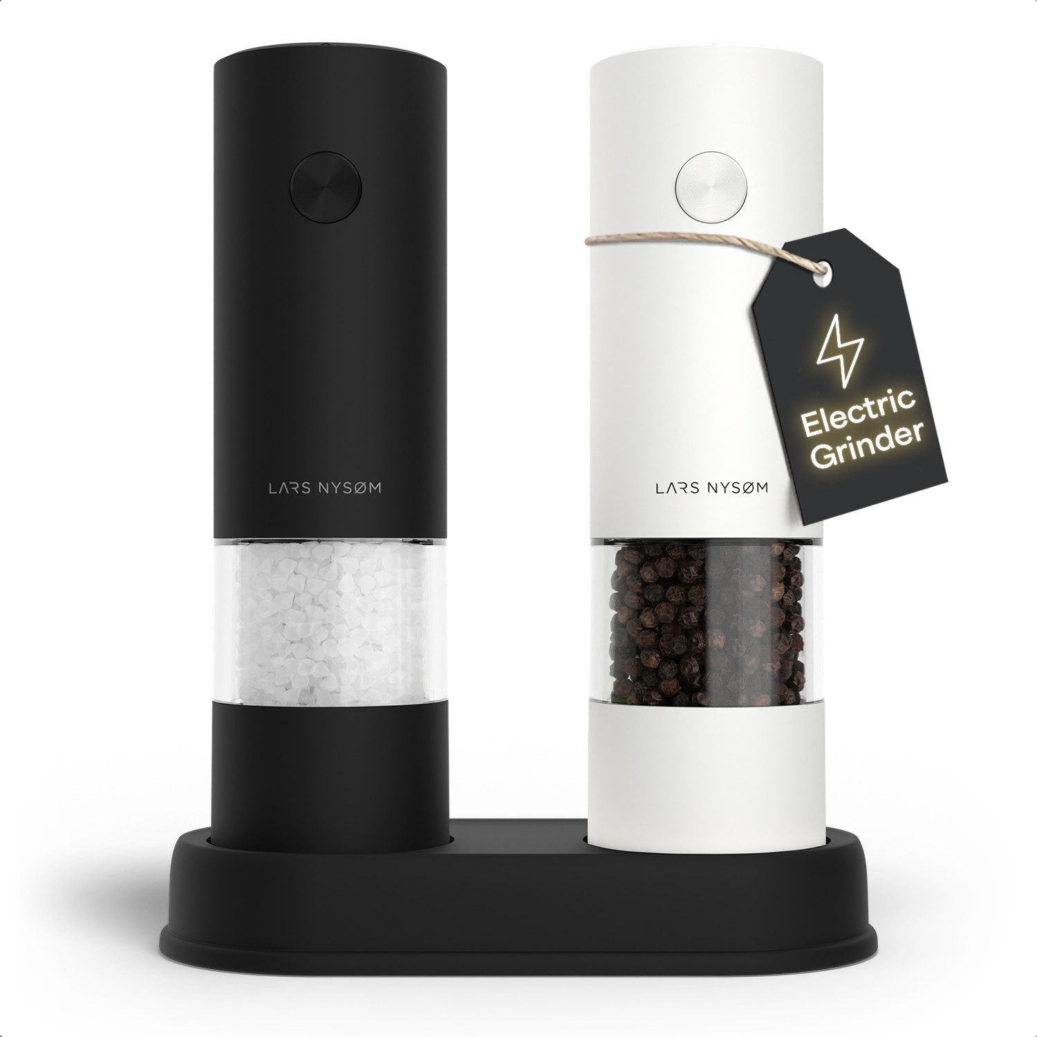 LARS NYSØM Gewürzmühle Kryd praktische Einhandbedienung per Drucktaste, (2 Stück), elektrische Salz- & Pfeffermühle mit Ständer