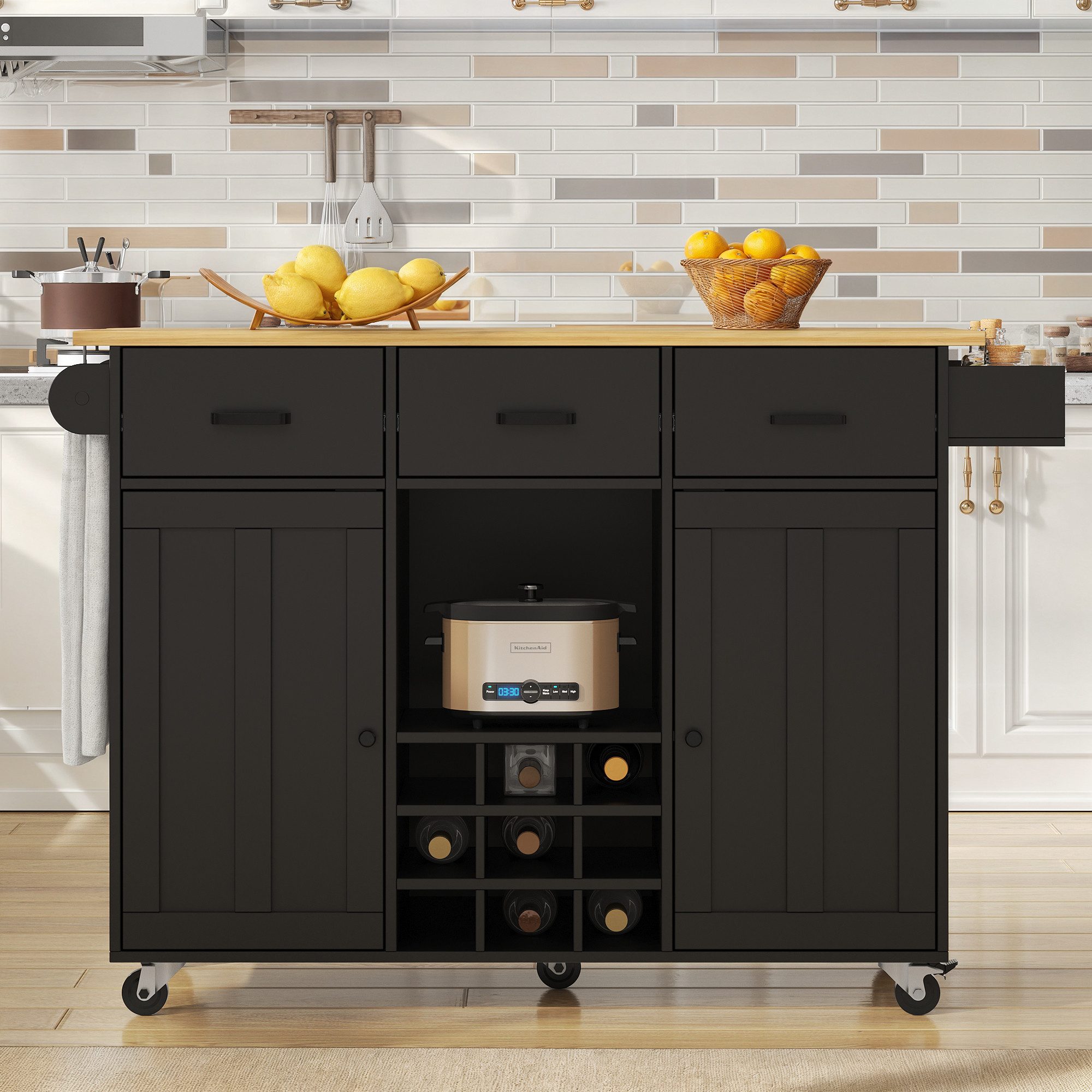 MODFU Küchenwagen Küchenschränke,Speisewagen, mit Arbeitsplatte, (Flexibler Speisewagen mit ausziehbarer Tischplatte, Stauraum und Gewürzregal – ideal für kleine Küchen, Apartments & Familien, 104*39.5*91.5CM), mit Arbeitsplatte