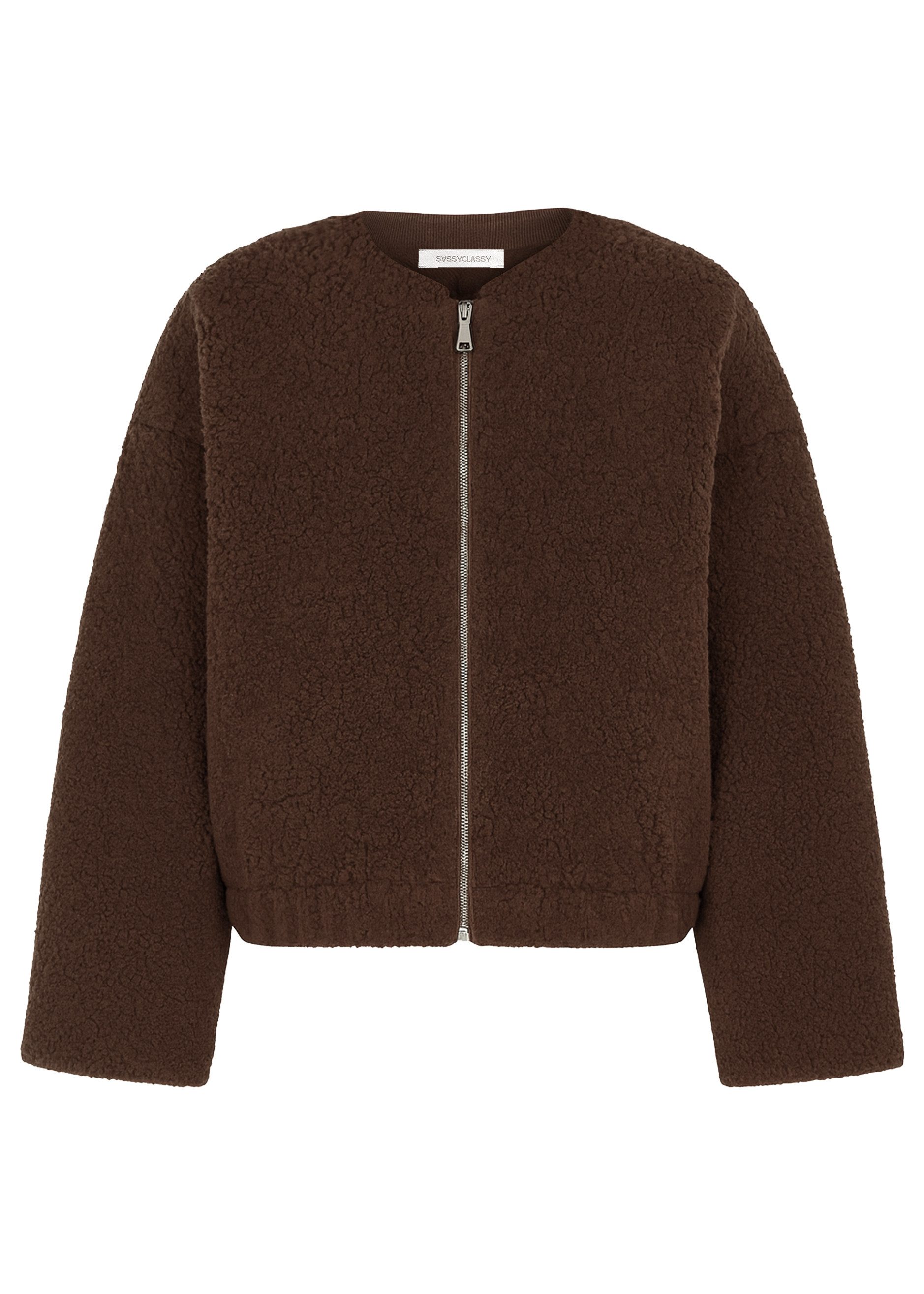 SASSYCLASSY Bomberjacke Bomberjacke aus Teddyfell für Damen Kuschelige Jacke im oversized Fit mit breiten Bündchen Beige Braun