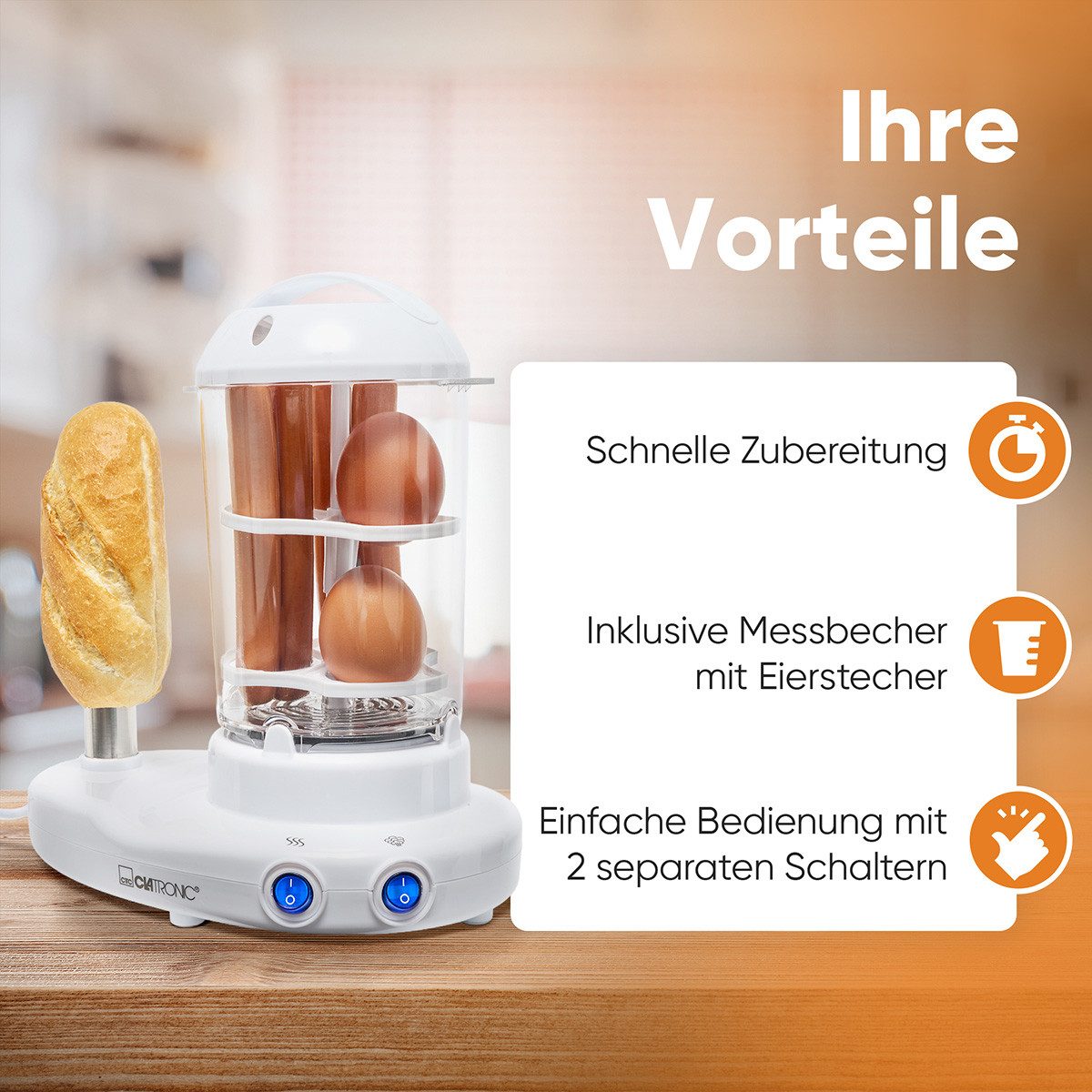 CLATRONIC Hotdog-Maker HDM 3420, für 1-14 Würstchen & bis zu 6 Eiern