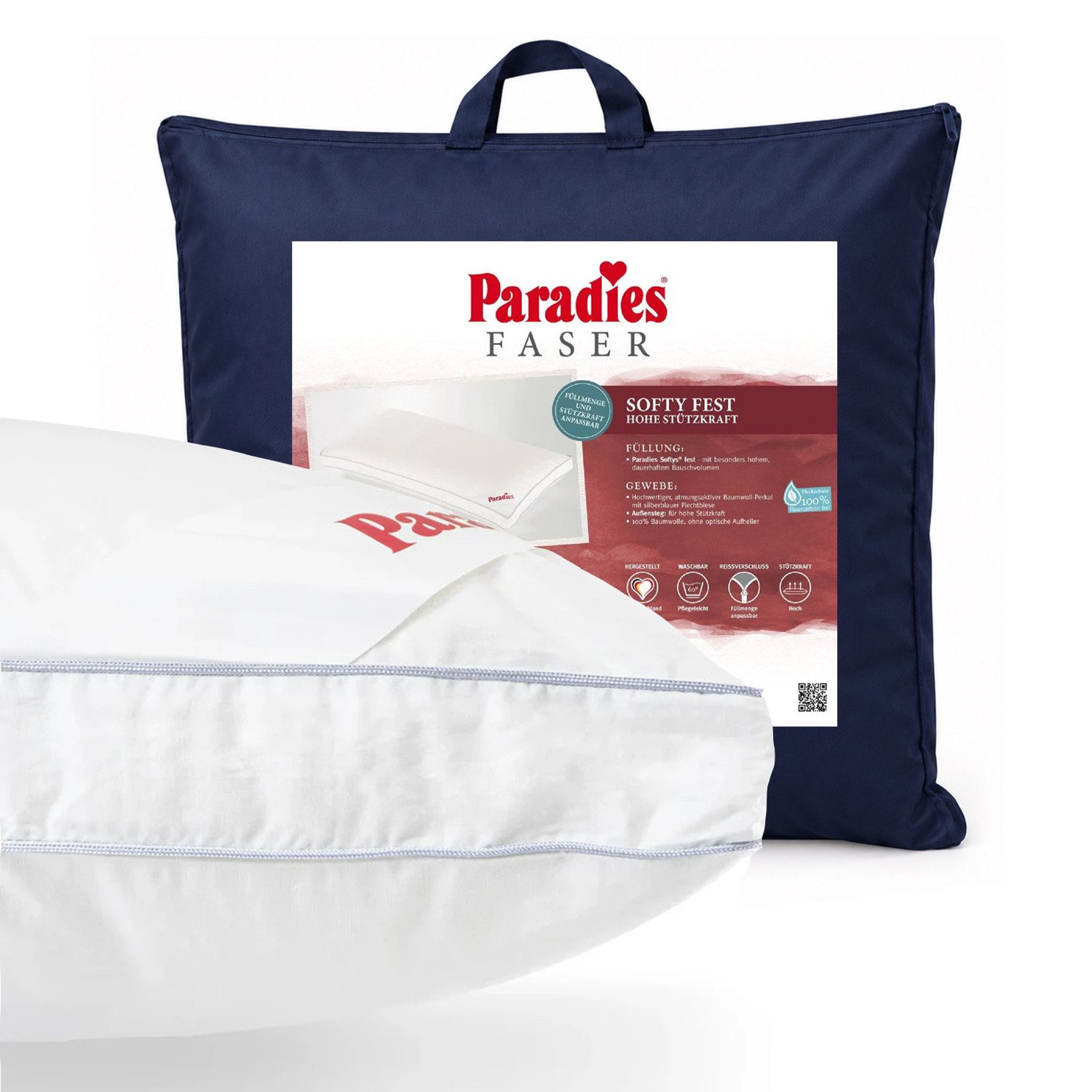 Paradies Kunstfaserkopfkissen Paradies Kopfkissen Softy fest 80x80 hohes Bauschvolumen Außensteg, Füllung: Paradies Softys, Bezug: 100% Bio Baumwolle, Seitenschläfer, Bauchschläfer, Rückenschläfer
