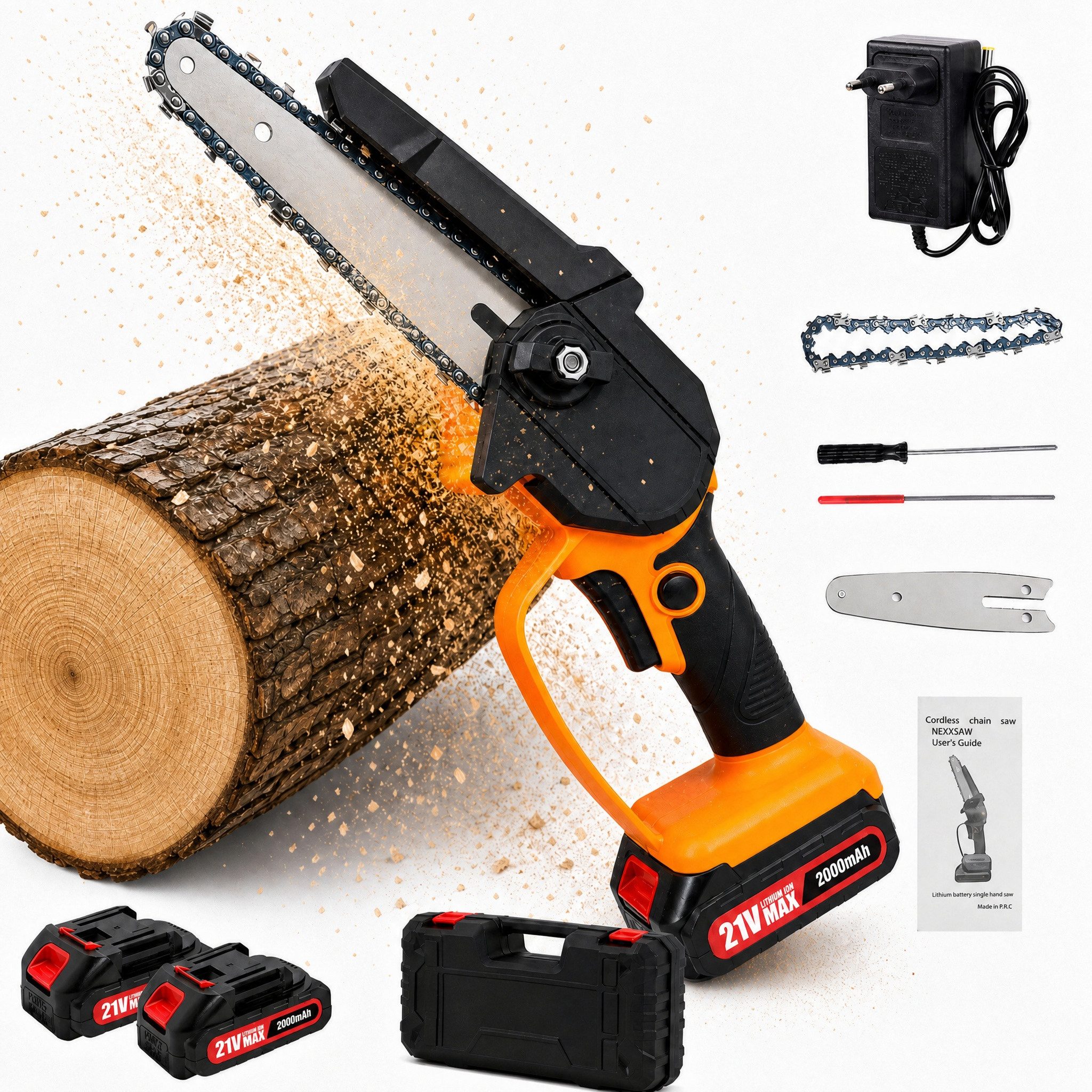 Blossom Akku-Kettensäge 6 Zoll + 4 Zoll 2-in-1 Sägeblätter mini Kettensäge Elektro-Kettensäge, Elektrokettensäge 21V Handkettensäge für Garten und Holzarbeiten