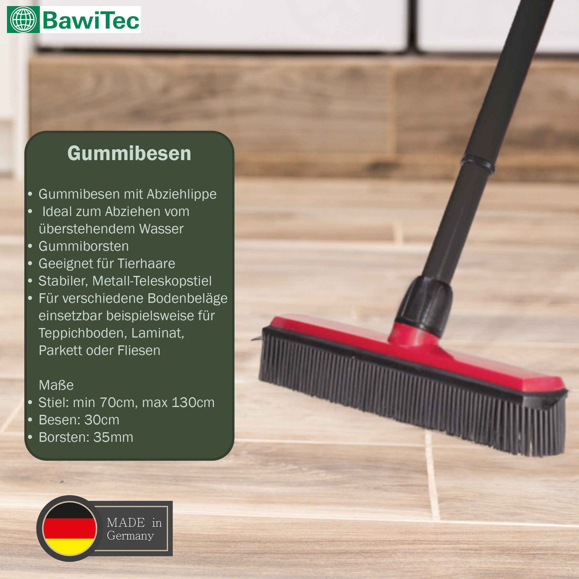 BawiTec Kehrgarnitur Gummibesen Noppenbesen mit Teleskopstiel Friseurbesen, Laminat, Steinböden, Teppichböden, Keramik, Parkett, Teppiche, Fliesen, Korkböden, PVC-Böden, Gumminoppen