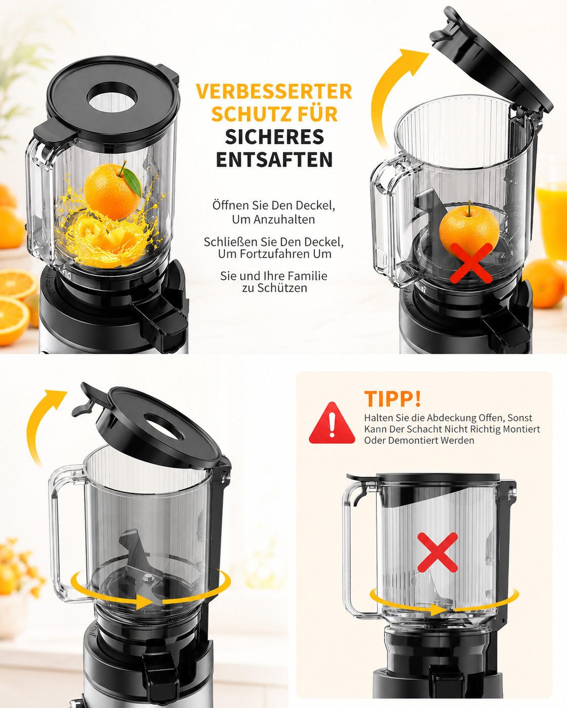 Fyrove Slow Juicer Entsafter Gemüse und Obst Testsieger, 2L mit 140mm XL-Einfüllschacht, 400 W, Elektrische Juicer Machine für Familien mit 2 Gläsern – Bild 4 von 5