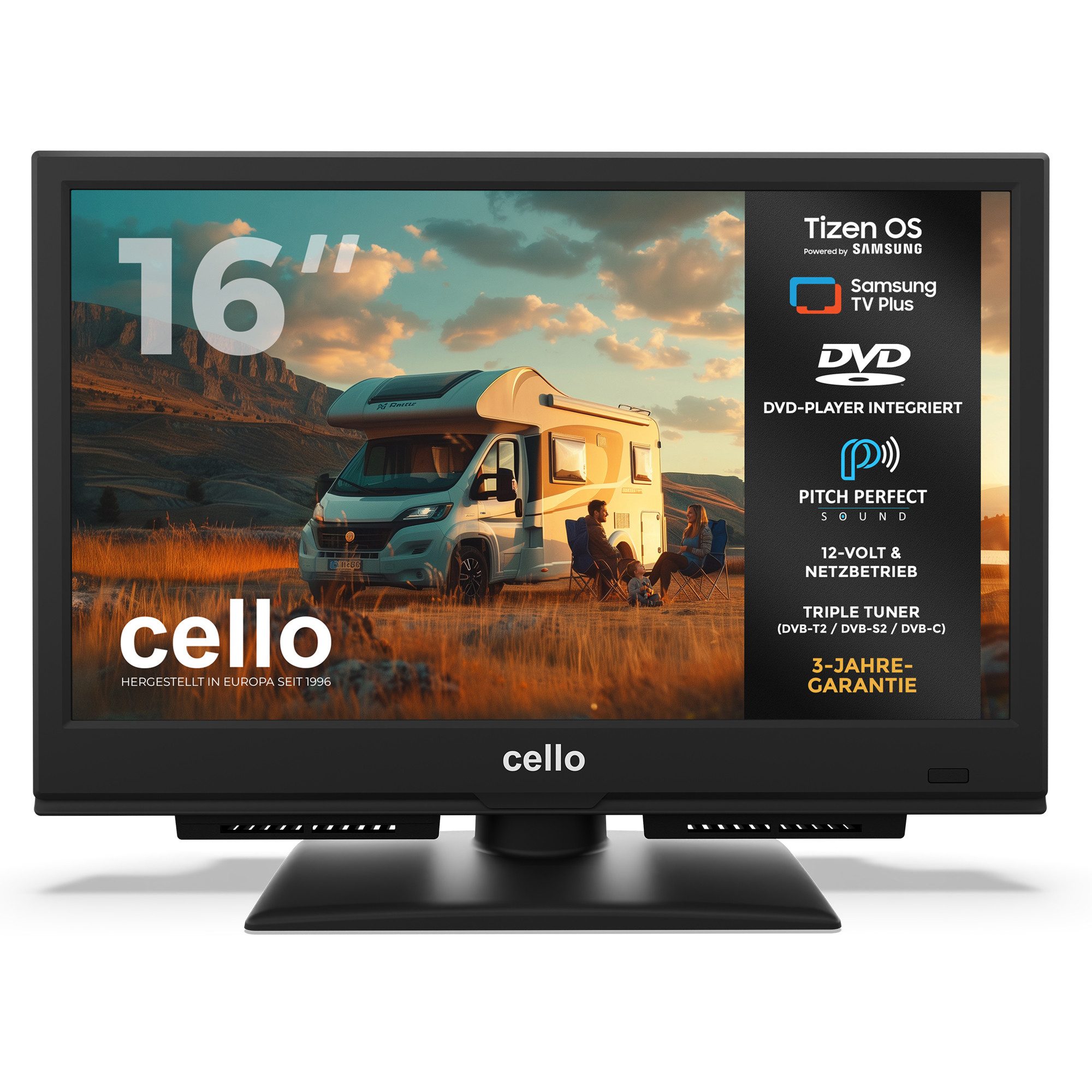 Cello CTrav-16TZ LED-Fernseher (40,64 cm/16 Zoll, Full-HD, Smart-TV, Smart Tizen OS powered by Samsung, Pitch Perfect Sound™, Triple Tuner)
