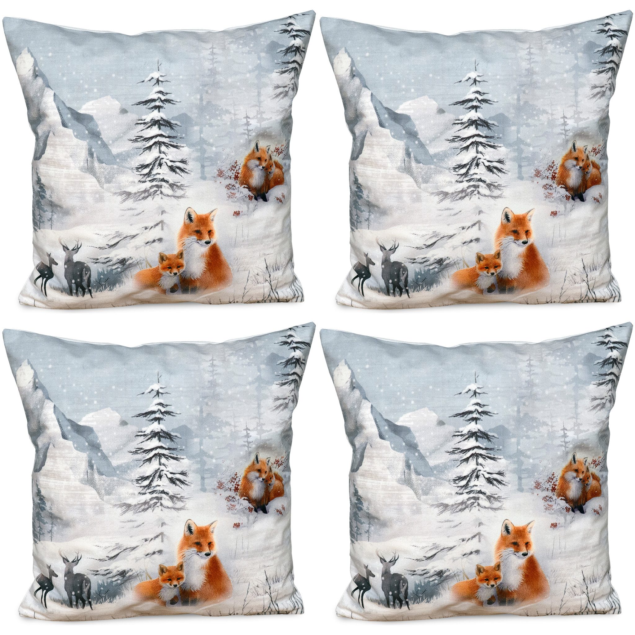matches21 HOME & HOBBY Наволочки 4er Set Kissenhüllen 40x40 cm Winterwald mit Fuchs, Hirsch als Deko, (4 Stück), Zierkissen-Bezüge für Sofa-Kissen, Couch-Kissen