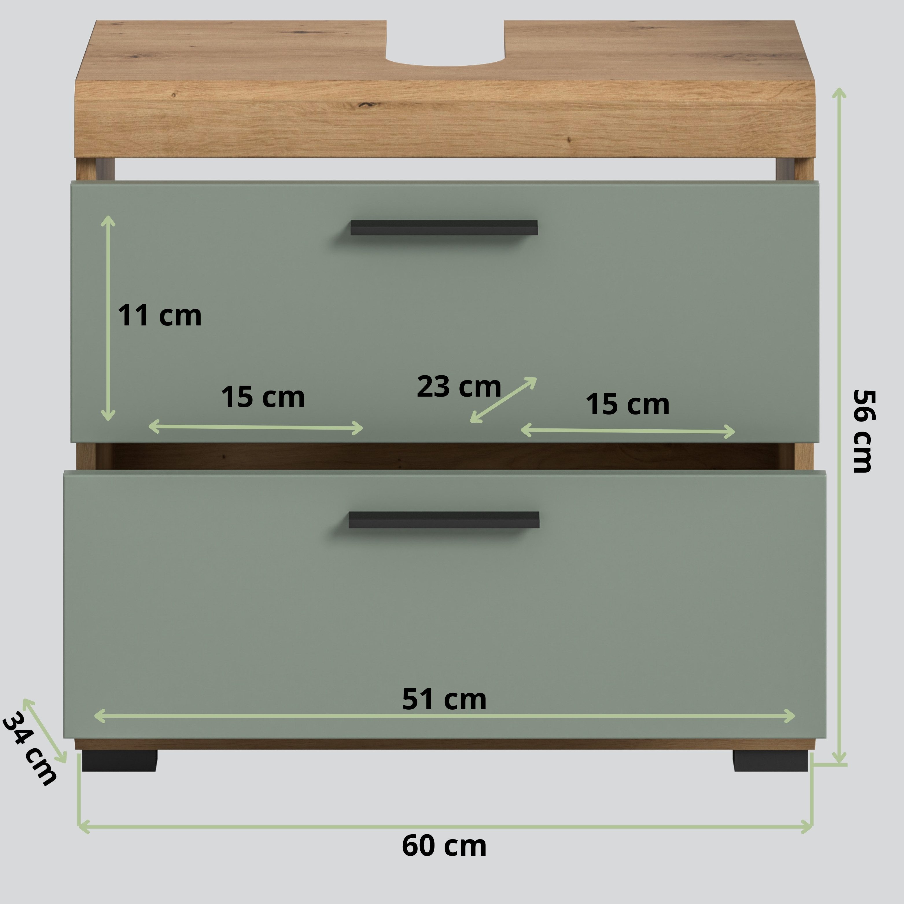 furnling Waschbeckenunterschrank Scott 2 Schubladen, Badmöbel, Badschrank, Badunterschrank, 60 cm breit – Bild 3 von 5