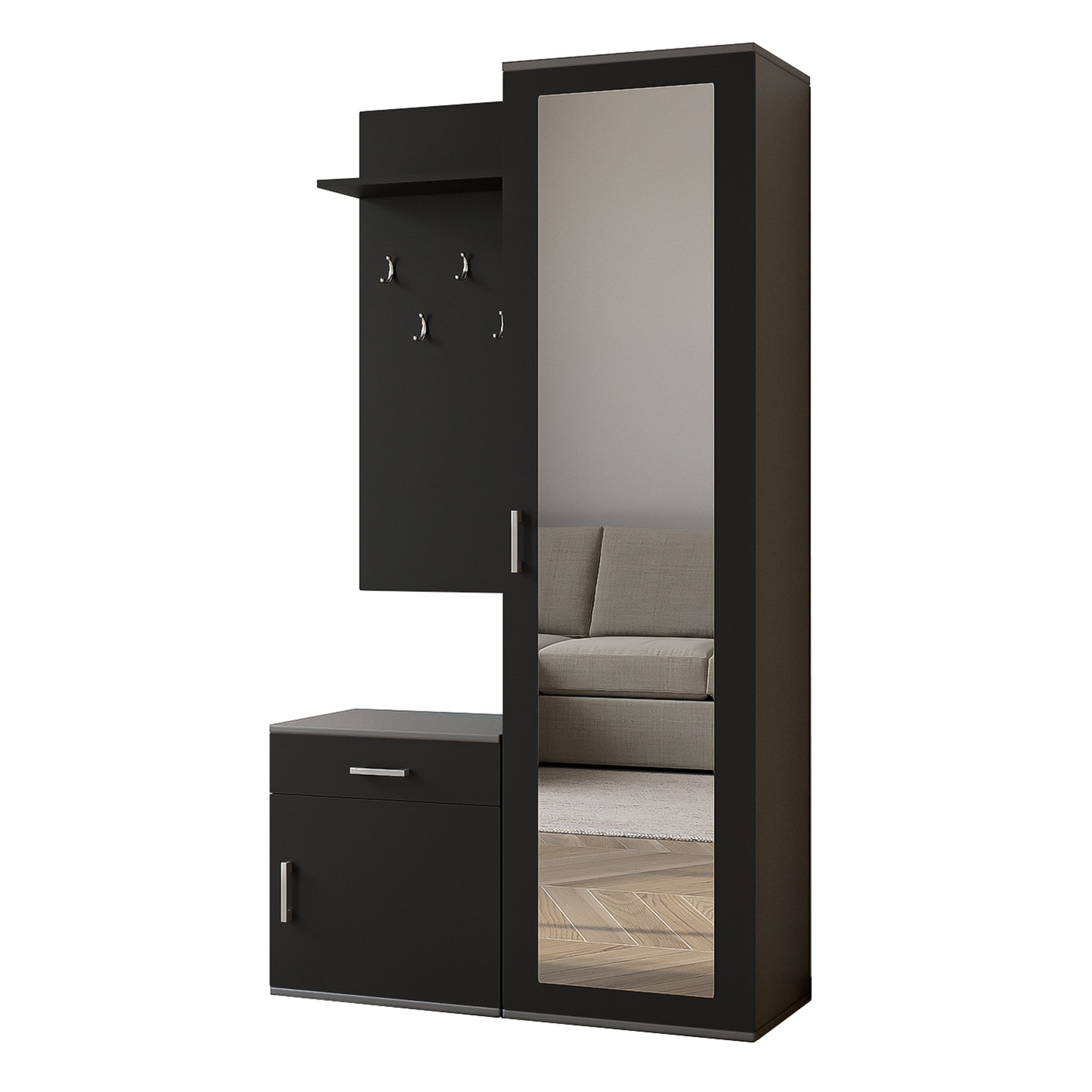 Masseno Garderobenschrank VENTO 100 x 180,5 cm Flurmöbel mit Spiegel und 1 Tür Grau