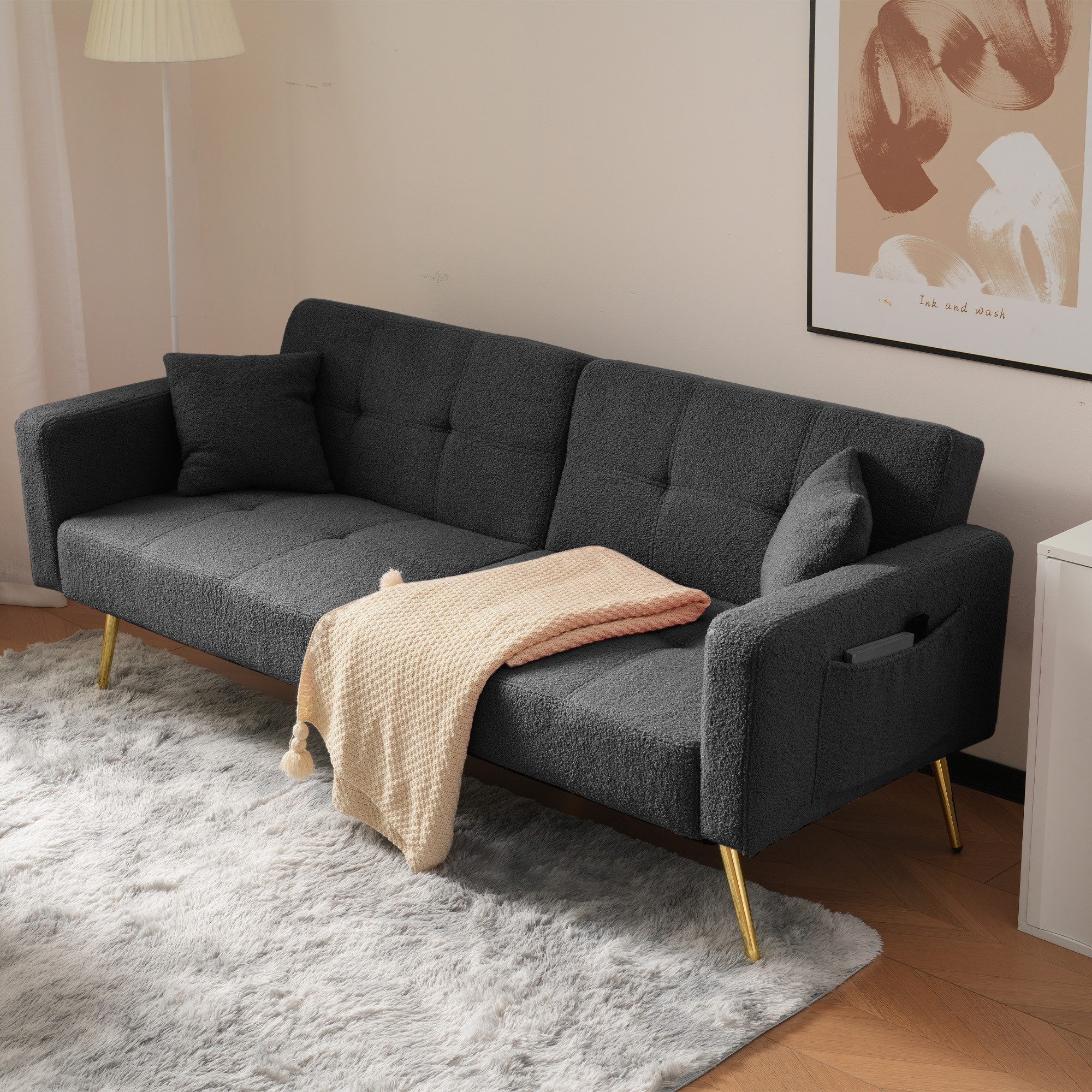 HAUSS SPOLE Schlafsofa mit Bettfunktion, verstellbarem Winkel, Kissen, gold günstig online kaufen