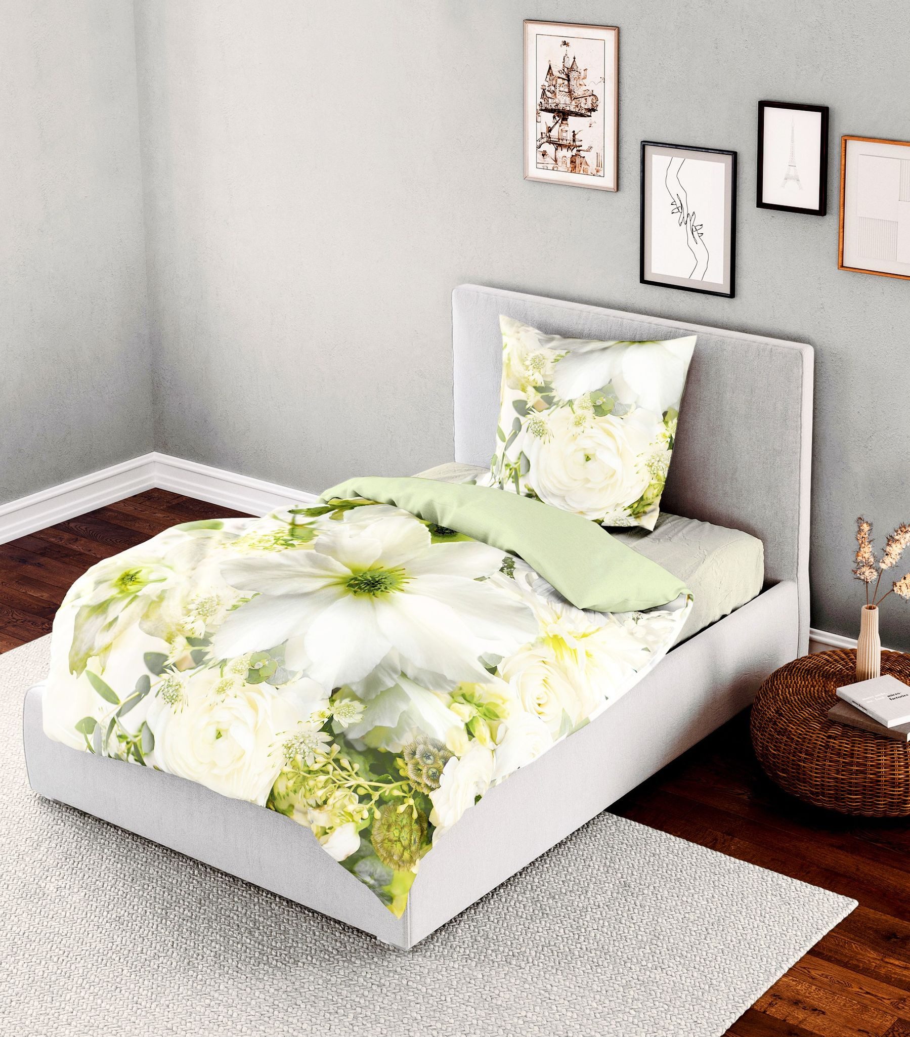 JACK Wendebettwäsche 135x200cm Digitaldruck Blüten Blumen Lind Bierbaum, Satin, 2 teilig, seidiger Glanz, elegantes Motiv – Bild 2 von 5