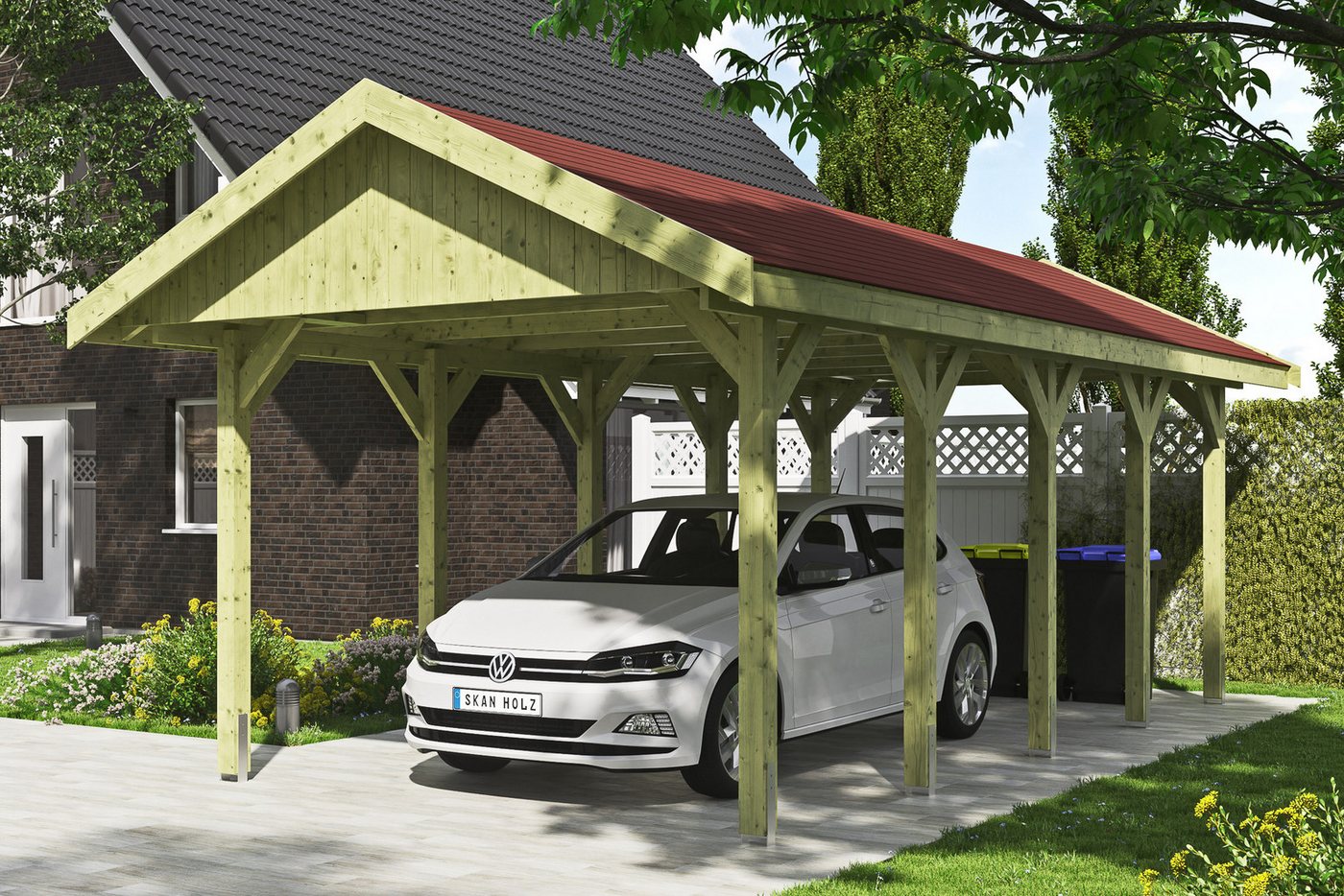 Thumbnail - Skanholz Einzelcarport Wallgau, BxT: 380x750 cm, 215 cm Einfahrtshöhe, mit roten Dachschindeln
