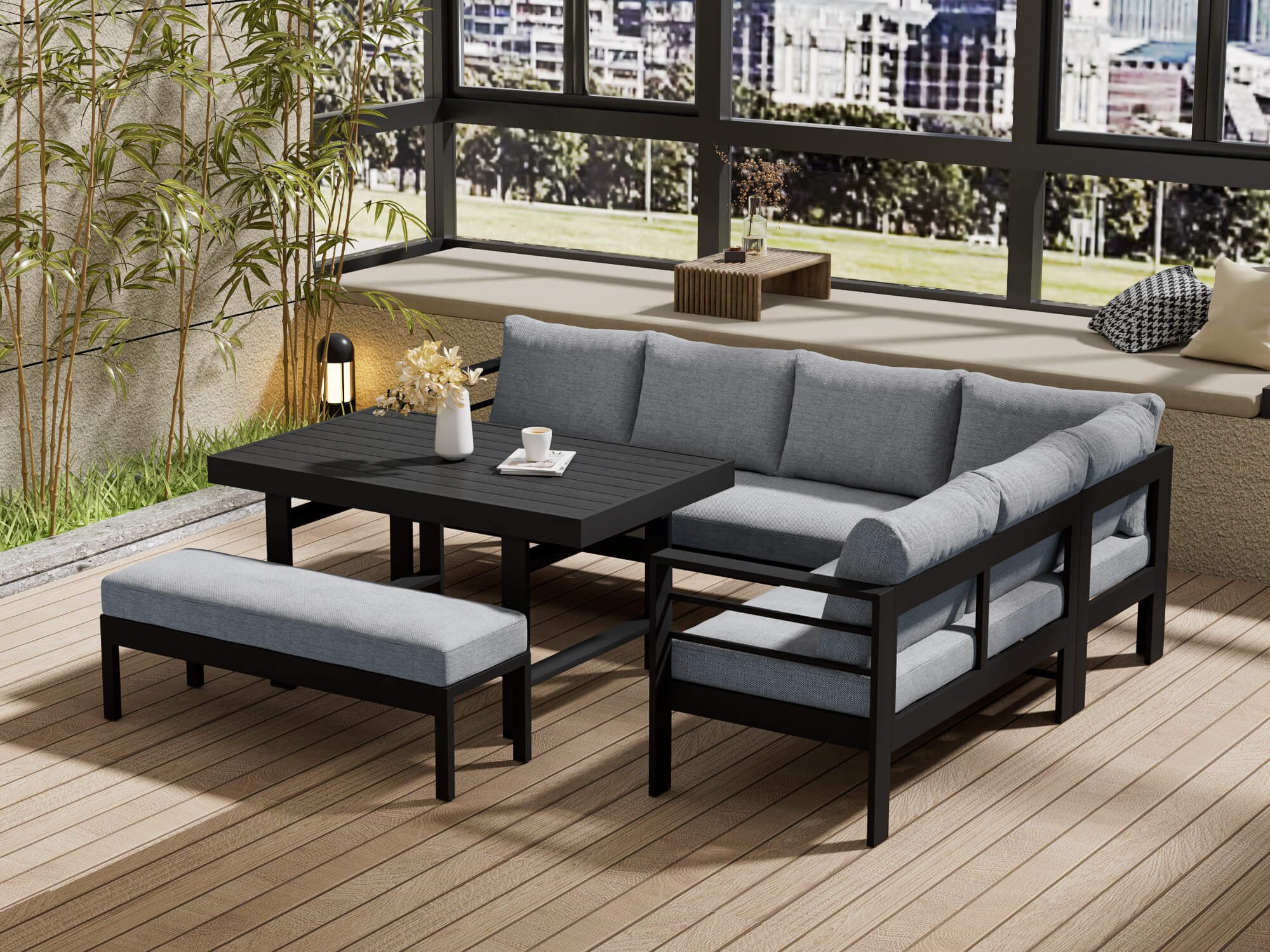 MeXo Gartenlounge-Set XXL Lounge Gartenmöbelset aus Aluminium, wetterfest, (Garten-Essgruppe für 6-8 Personen, 5-tlg., 12/15 cm dicke Kissen, Ecklounge mit hohem Tisch), pflegeleichte Polywood-Tischplatte, flexibel kombinierbar