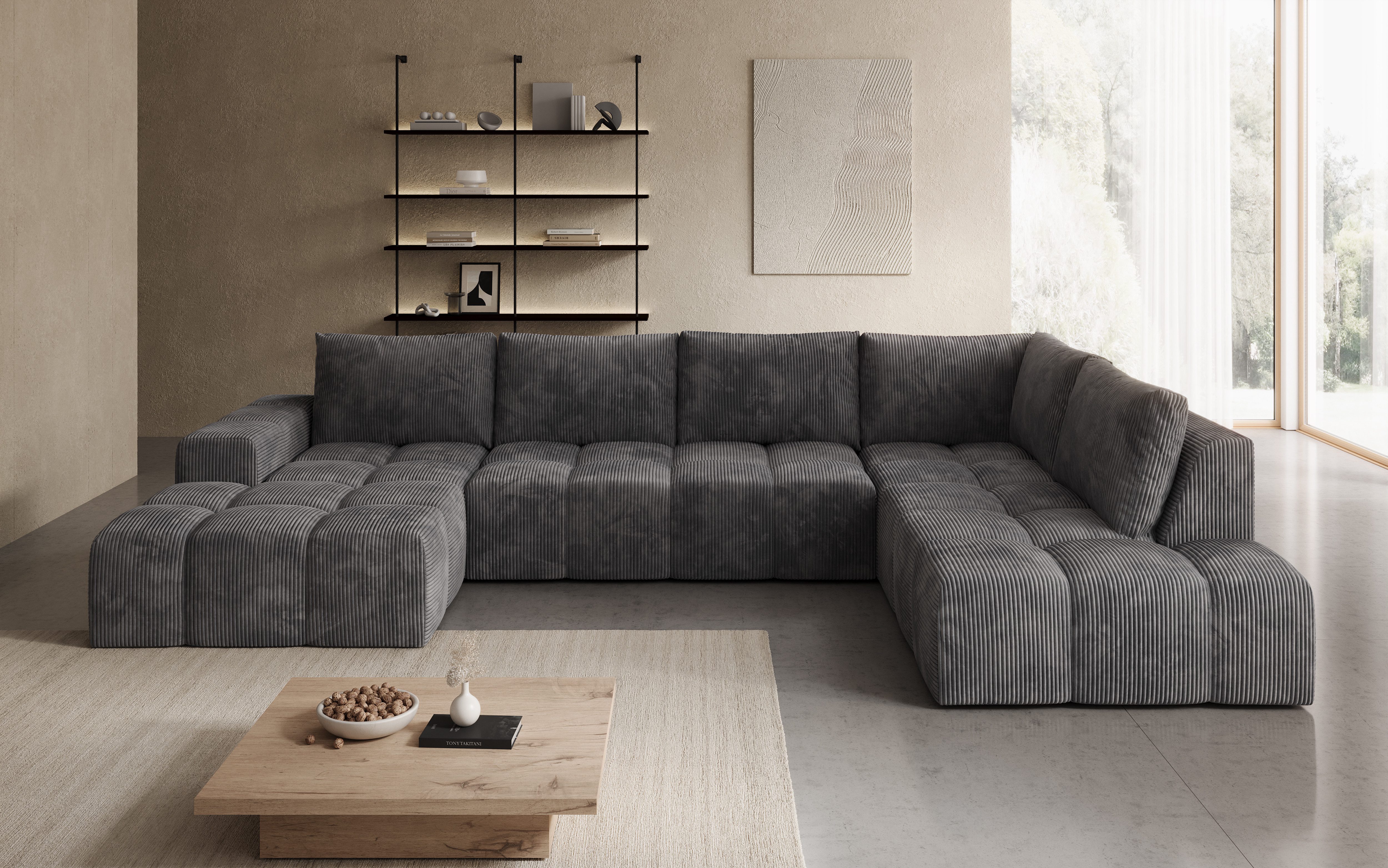 PROMETO Möbel Ecksofa U-Sofa, Große Sofa im Cord-Stoff, Teddy-Boucle oder Web, 2 Ottomanen, Großes U-Sofa mit Cordstoff-Bezug, zwei Ottomanen