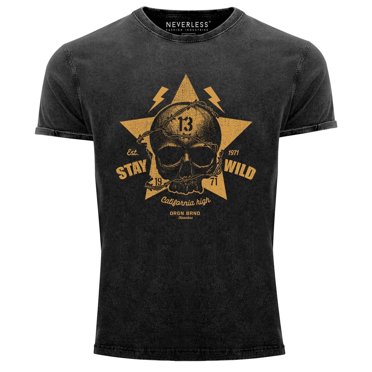 Skull Print Neverless® Vintage Used Wild Shirt Tattoo Print T-Shirt Stay Look Slim Print-Shirt Neverless Fit Totenkopf Herren mit