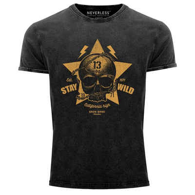 Neverless Print-Shirt Neverless® Herren T-Shirt Totenkopf Vintage Tattoo Shirt Stay Wild Skull Print Used Look Slim Fit mit Print