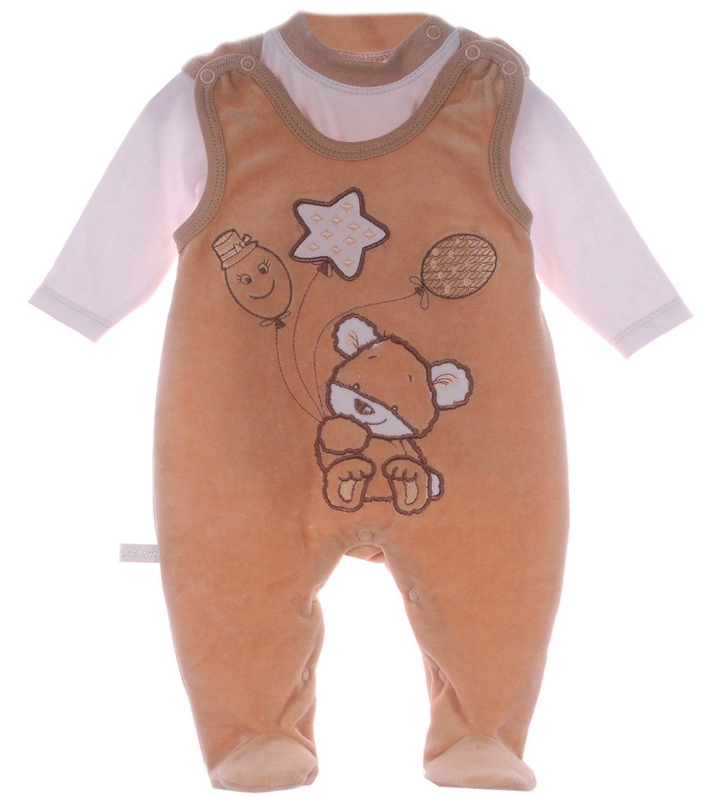 La Bortini Strampler Stramplerhose aus Velours und Shirt Baby Anzug in Beige mit Bär aus Nicki-Stoff, weich, warm, 44 50 56 62 68
