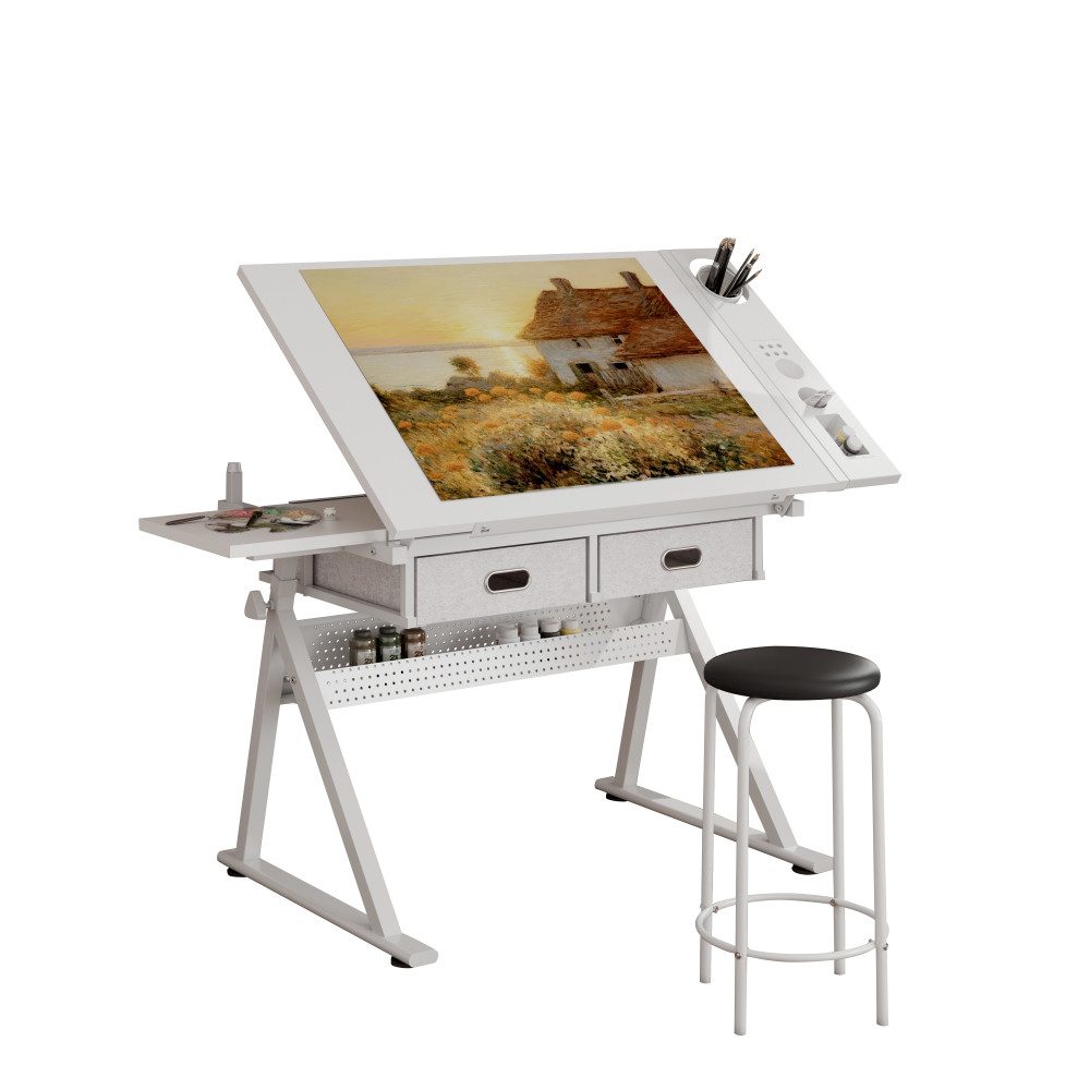 BBWL Zeichentisch mit 2 Schubladen MDF Holz Schreibtisch inkl Hocker, Zeichentisch höhenverstellbar für Home Office Schule – Bild 2 von 5