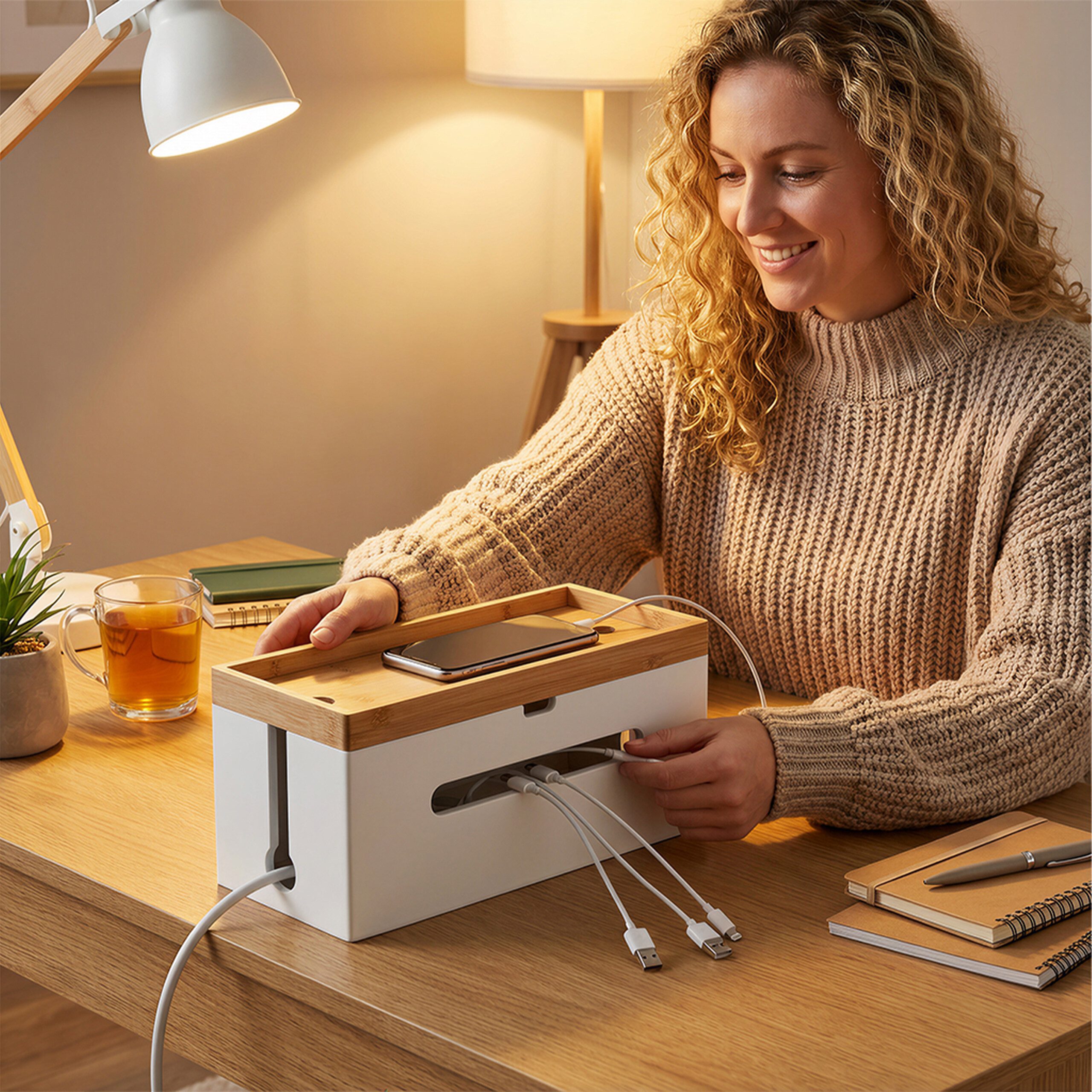 relaxdays Kabelbox aus Bambus, Natur-Weiß