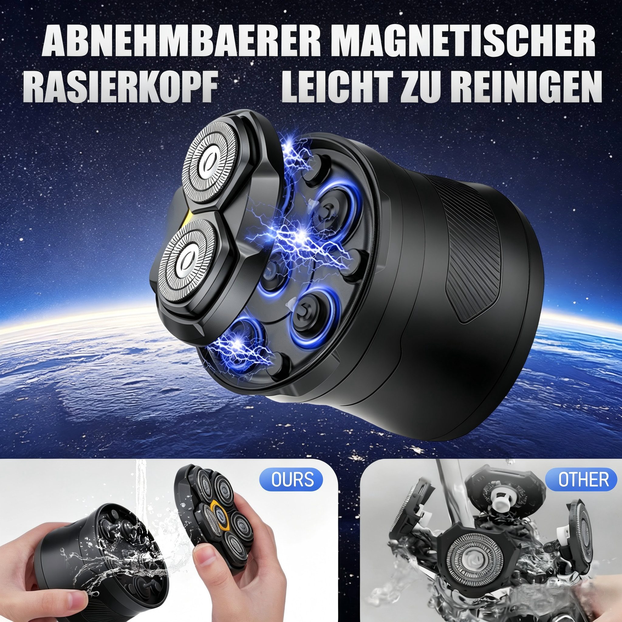 AIBISTAR Körperrasierer Elektrorasierer Rasierer 6 in 1 mit 120min Laufzeit wiederaufladbar, Magnetischer Klingenkopf,IPX7, LED Display,Wet&Dry,6-Kopf Glatzenrasierer