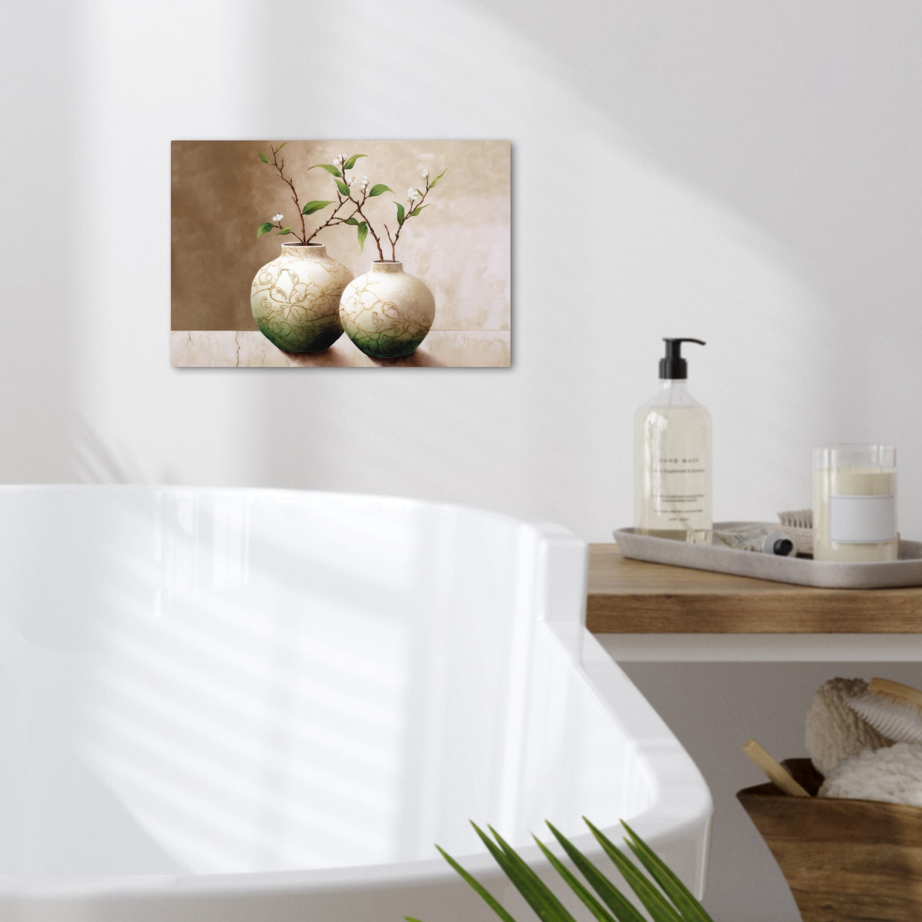 OneMillionCanvasses® Leinwandbild Blumen - Vase - Weiß - Botanisch - Beige, Fotodruck (1 St), Bilder für Badezimmer, Bad und Toiletten Deko, Bild WC 30x20 cm