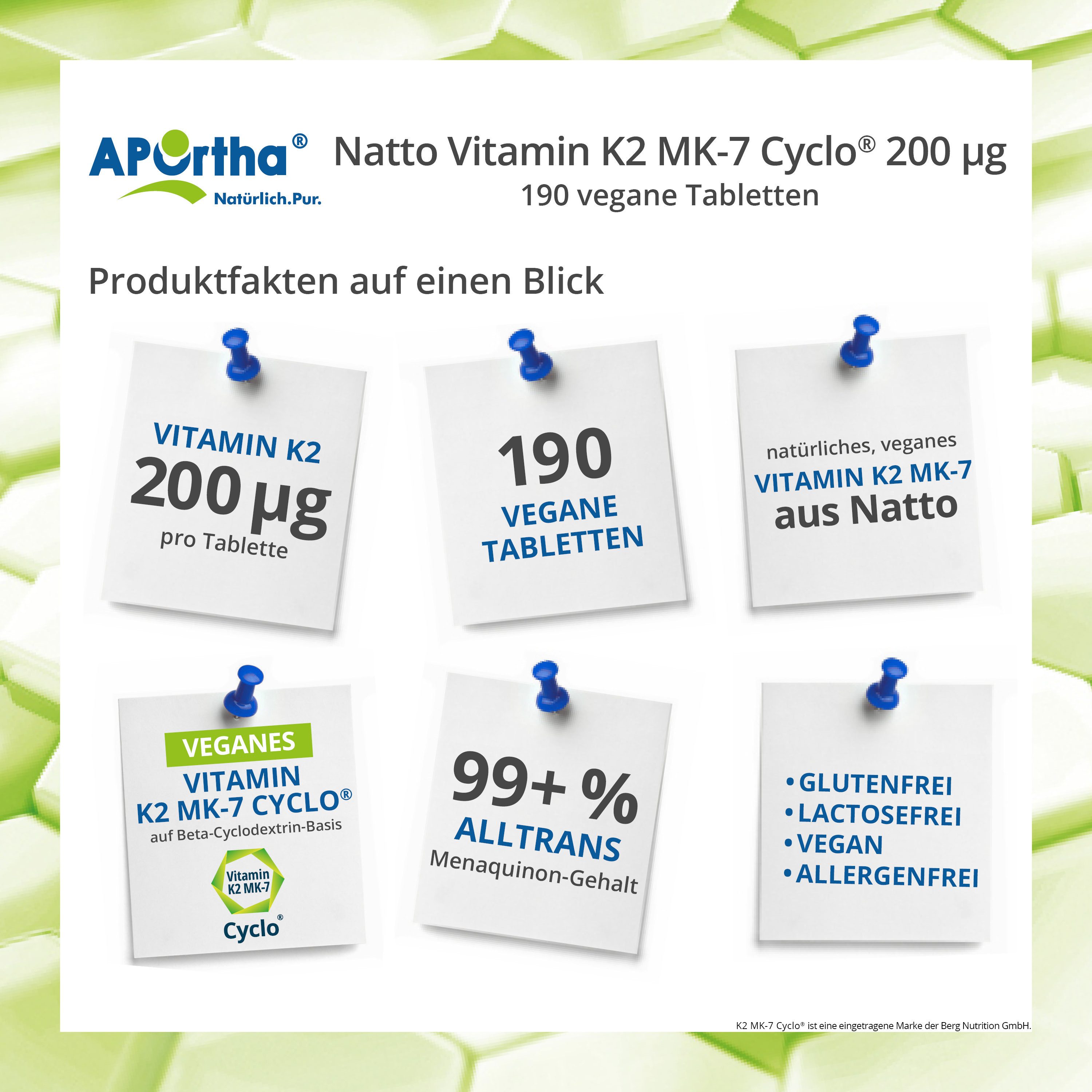 APOrtha APOrtha® Natto Vitamin K2 MK-7 Cyclo® 200 µg - 190 vegane Tabletten Tabletten, 38 g