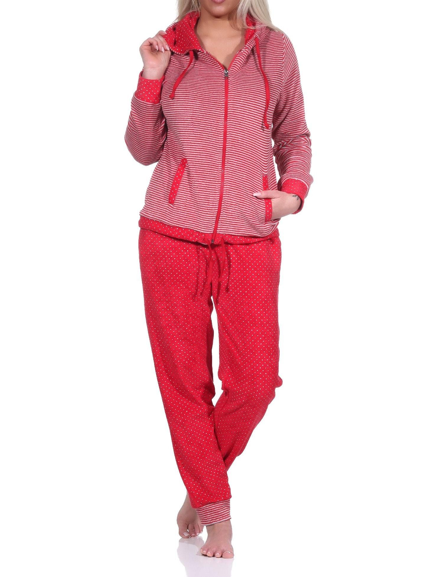 Relaxanzug Damen Frottee Hausanzug mit Bündchen im Tupfen- und Ringeldesign