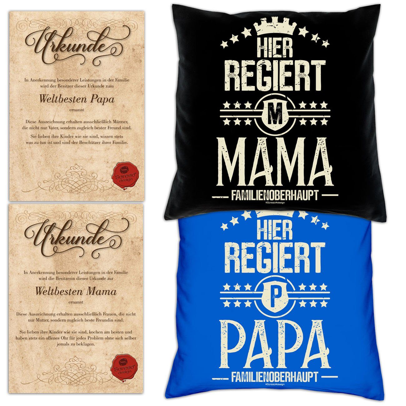 mit Weihnachtsgeschenk Mama Papa regiert für Hier regiert Dekokissen Urkunden, Hier schwarz Eltern Soreso® Kissen-Set