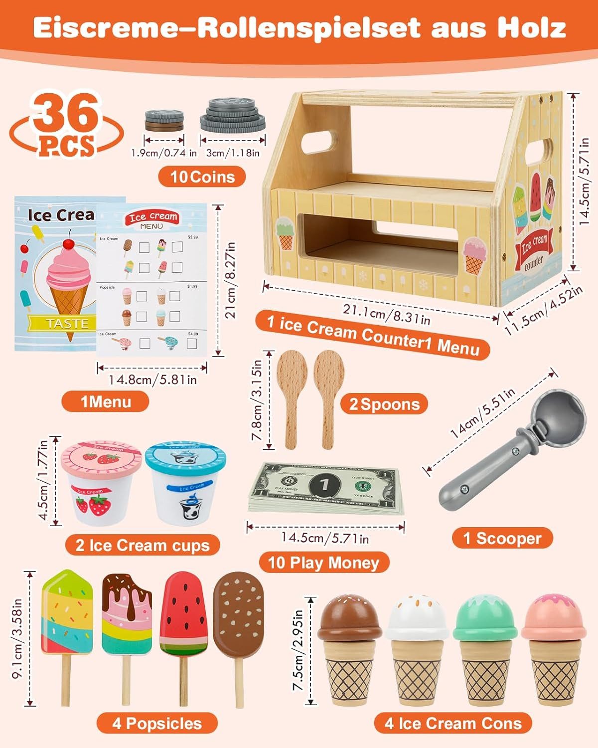 LaCute Spielküche Holz Eisdiele Spielset 36-teilig Kinder Eisstand Zubehör Kaufladen Holz, Realistisches Rollenspiel fördert Kreativität Sprache Sozialverhalten