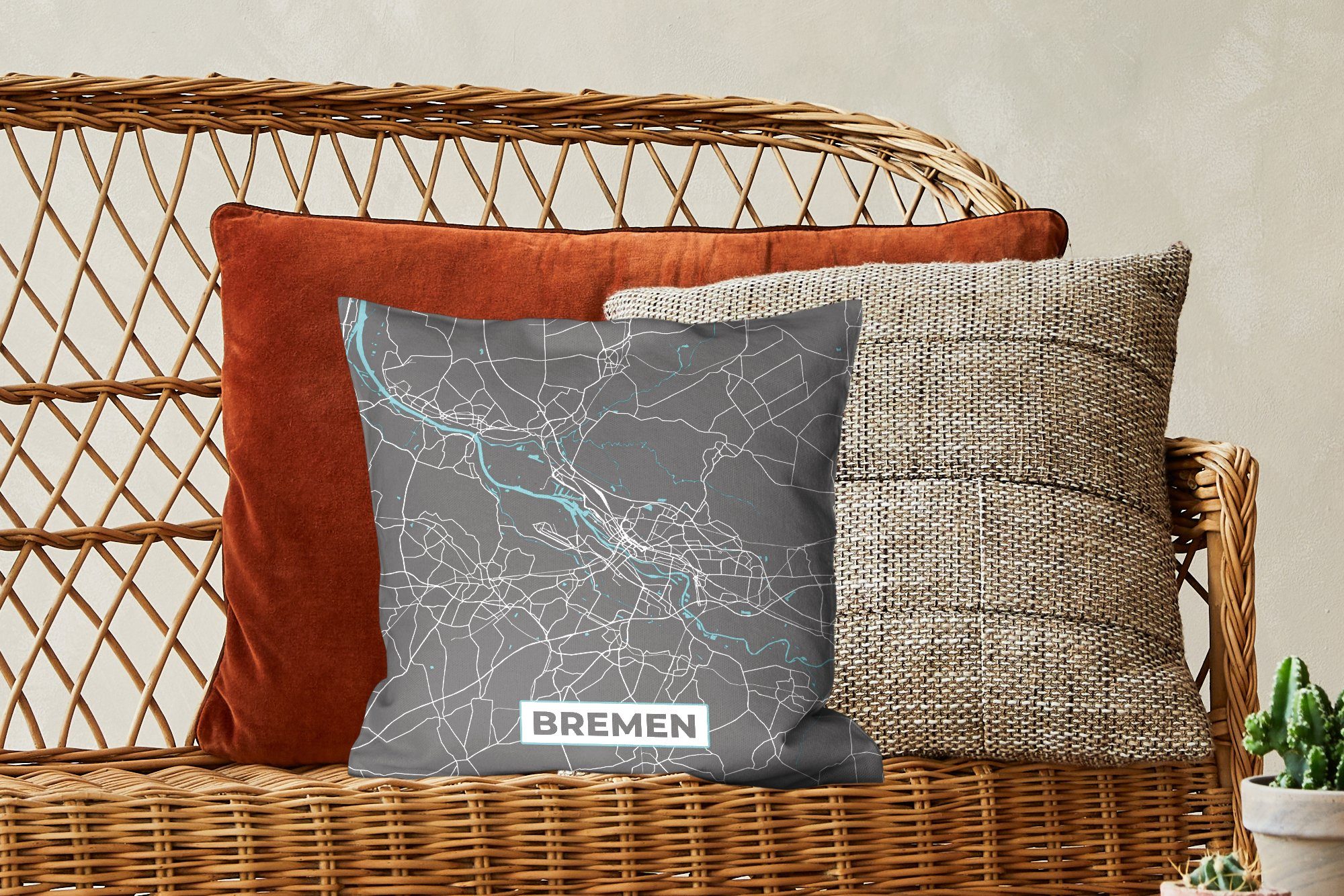 Dekokissen - Sofakissen Bremen MuchoWow Schlafzimmer, Karte, Stadtplan - - mit Blau - Deutschland für Füllung Wohzimmer, Zierkissen Deko,