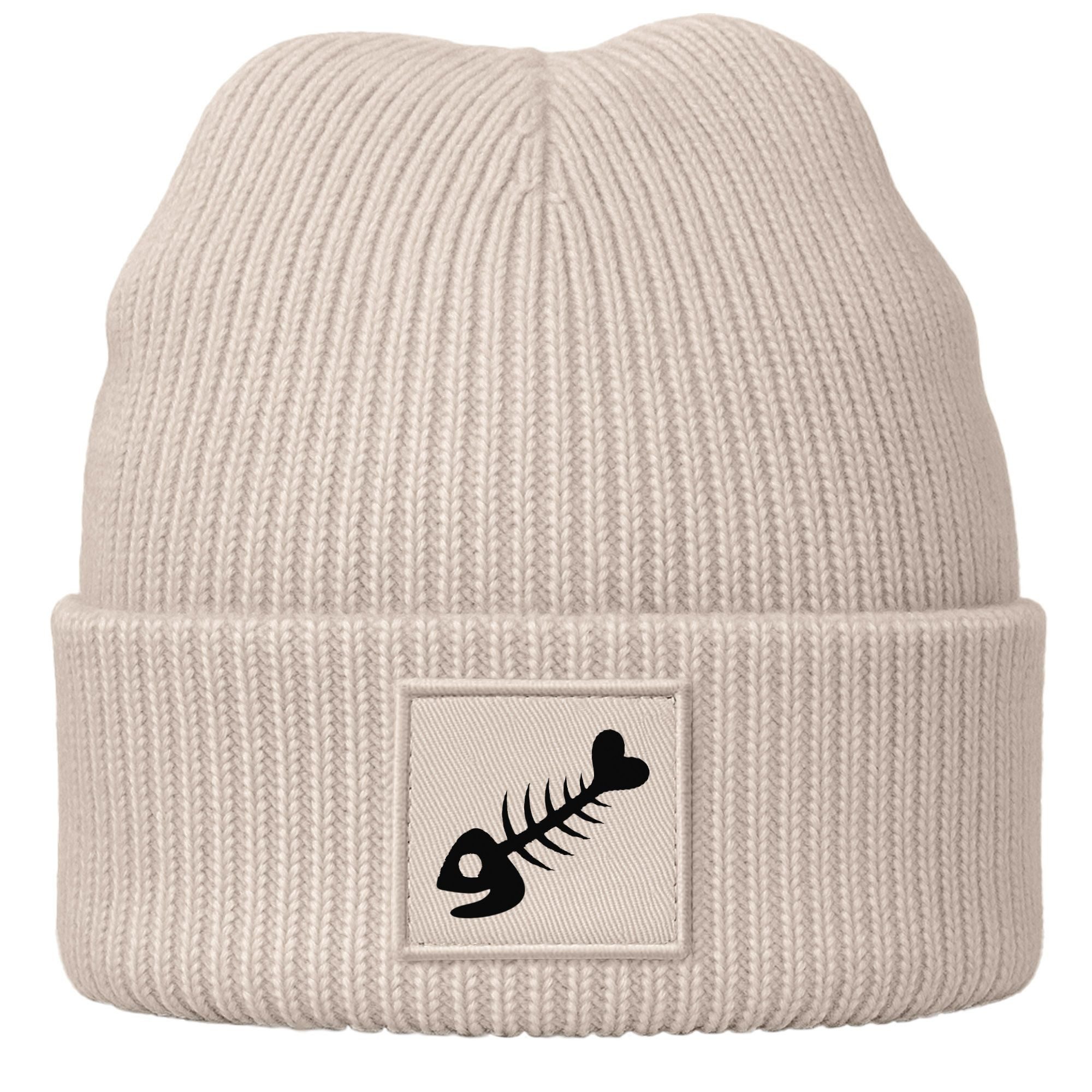 Strickmütze Damen Beanie mit Aufdruck Fischgräte Wintermütze Frauen Strickmütze