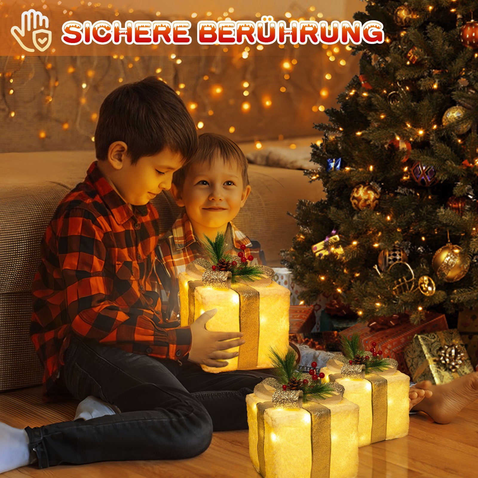 Quntis Weihnachtsfigur 3er Set LED Geschenkbox Weihnachten, Weihnachtsdeko mit Stecker, Timer (3 St), 60 warmweiße LEDs, Weihnachtsbeleuchtung für Baum, Fenster – Bild 5 von 5