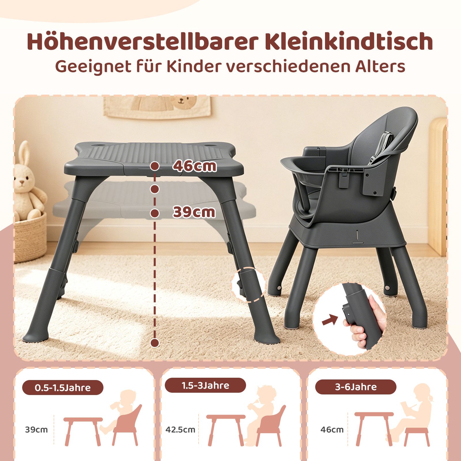 VINGLI Hochstuhl Baby 9 in 1, Robuster Kinderhochstuhl mit 5-Punkt-Gurt, Umbaubar zu Lerntisch, Esstisch oder Sitzerhöhung – Bild 4 von 5