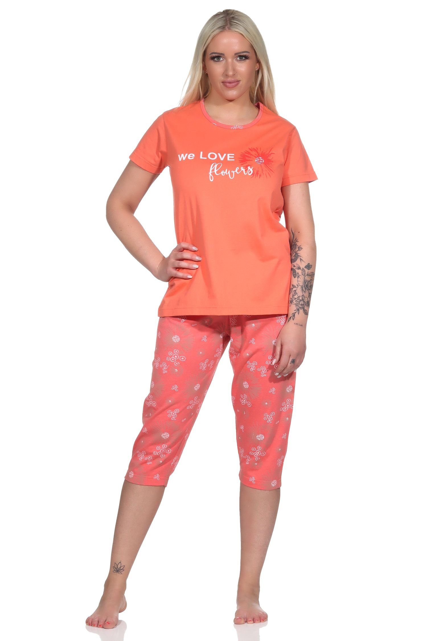 Normann Optik Pyjama mit Schlafanzug in Damen geblümter Caprihose kurzarm apricot