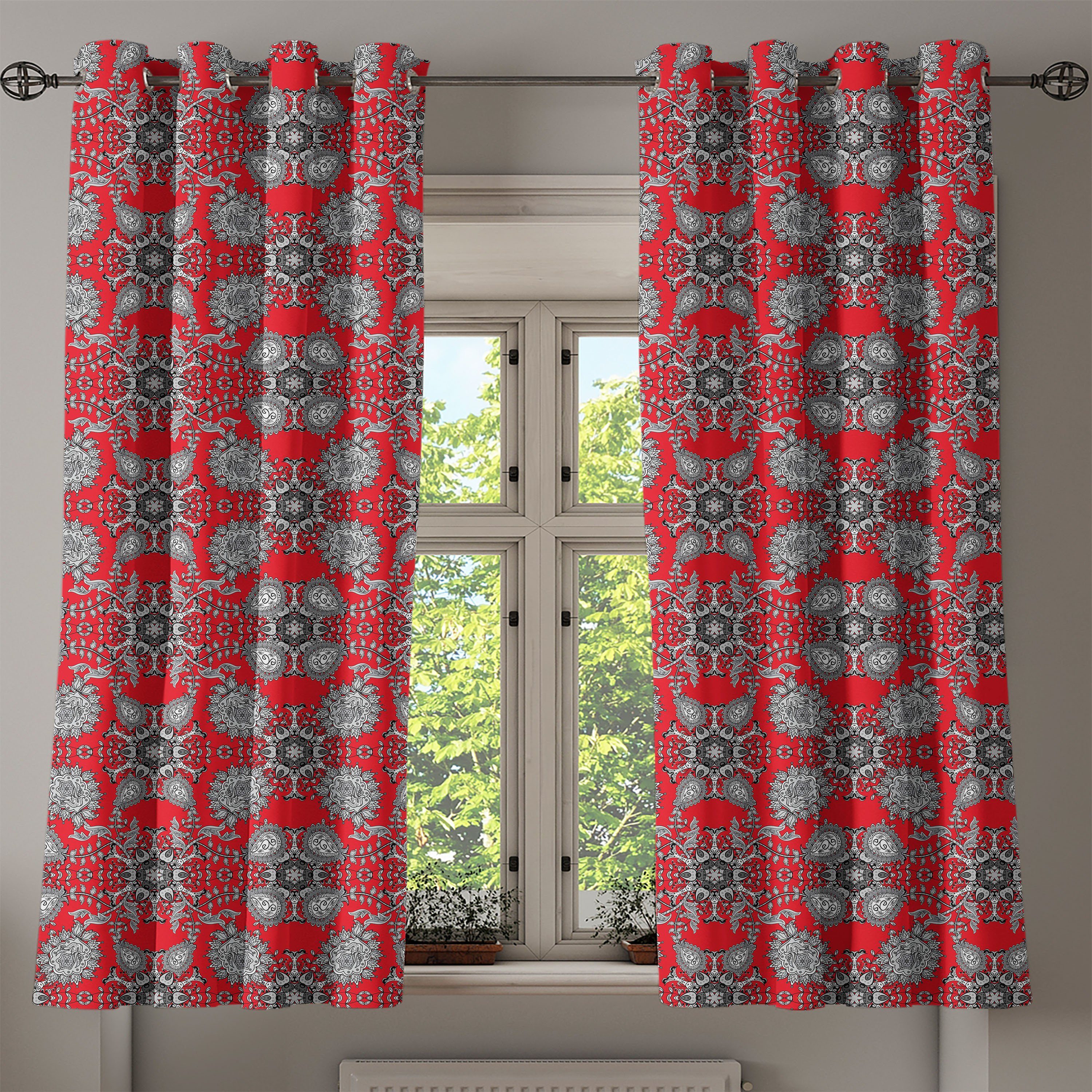 Doodle Paisley Wohnzimmer, Dekorative Schlafzimmer Gardine Mandala Abakuhaus, Red für 2-Panel-Fenstervorhänge