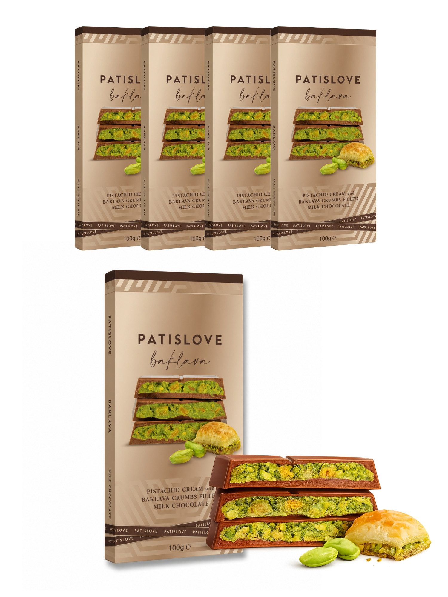 PATISLOVE Schokolade Milchschokolade mit Pistaziencreme & Baklava-Stückchen 100g, ohne Konservierungsstoffe, ohne Farbstoffe