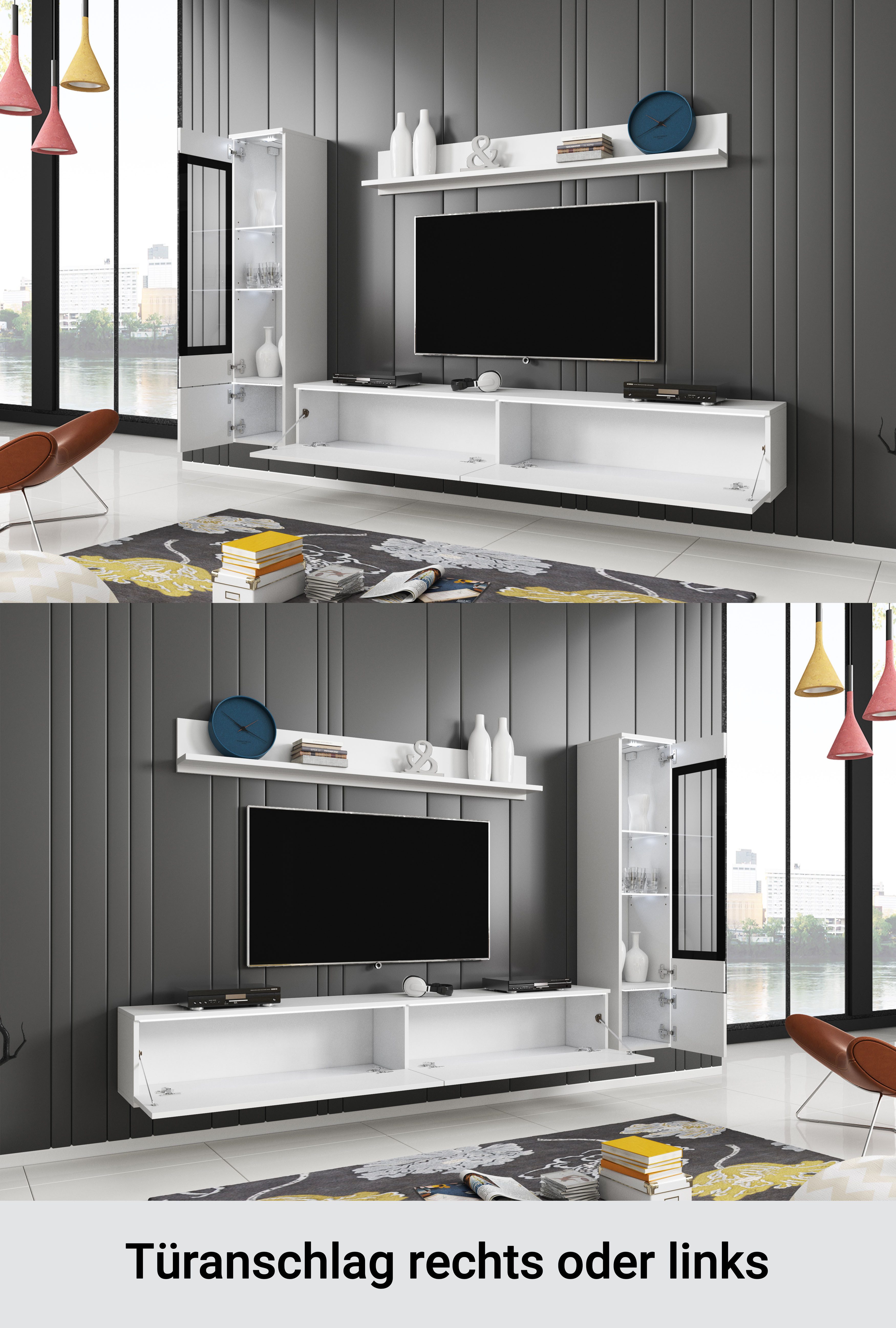 Home affaire Wohnwand VERA I, Vitrinen Türanschlag links/rechts wechselbar, (Komplett-Set, 3-St), Mediawand 230 cm, Vitrine mit Verglasung, stehend und hängend