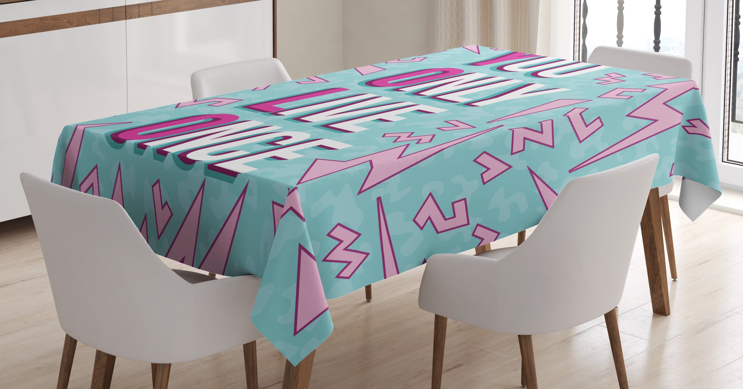 Abstrakte Tischdecke Außen geeignet YOLO Farben, Formen Bereich Waschbar Abakuhaus Klare den Farbfest Worte und Für