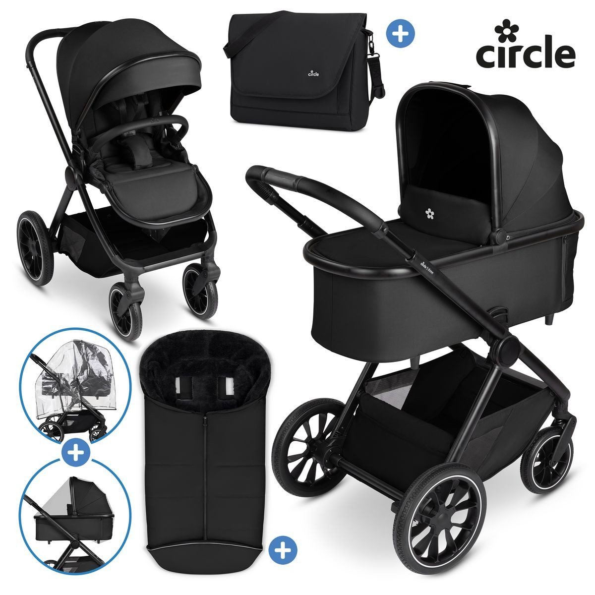 ABC Design Kombi-Kinderwagen S Three - Black, 2in1 Коляски Set mit Babywanne, Sportsitz, Wickeltasche & Fußsack